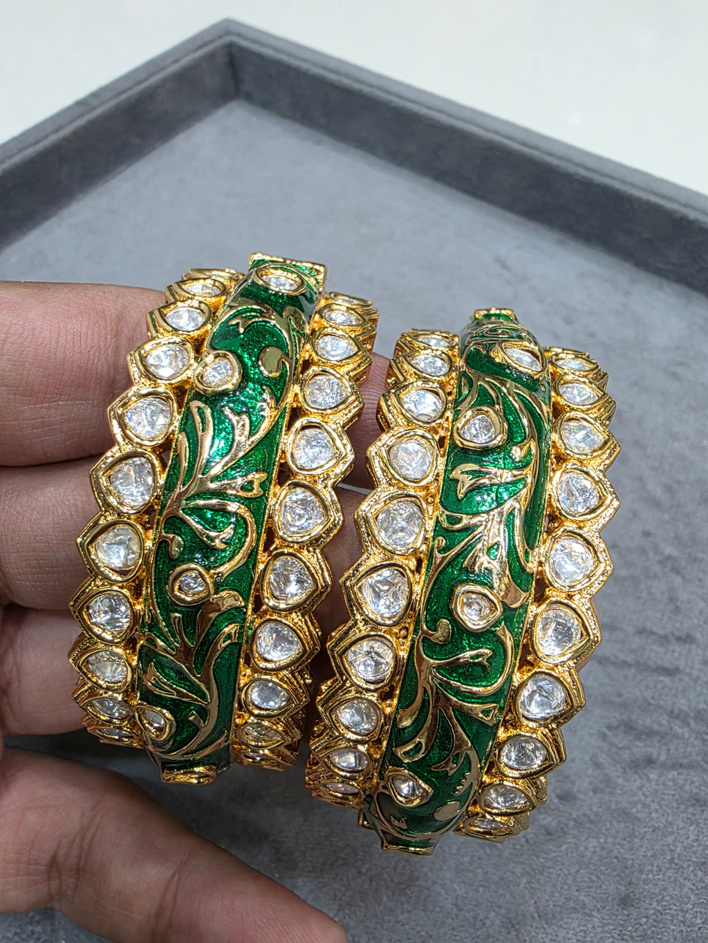 Jaya Enamel Meenakari Kundan Openable Kangan ( Pair)- Green