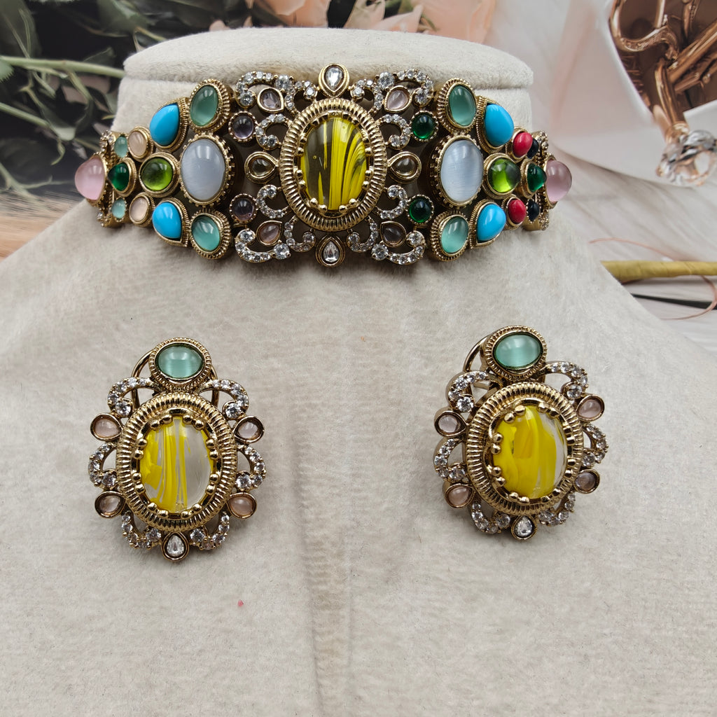 Tara Sabyasachi Inspired Gemstones Choker Set- Yellow Multi