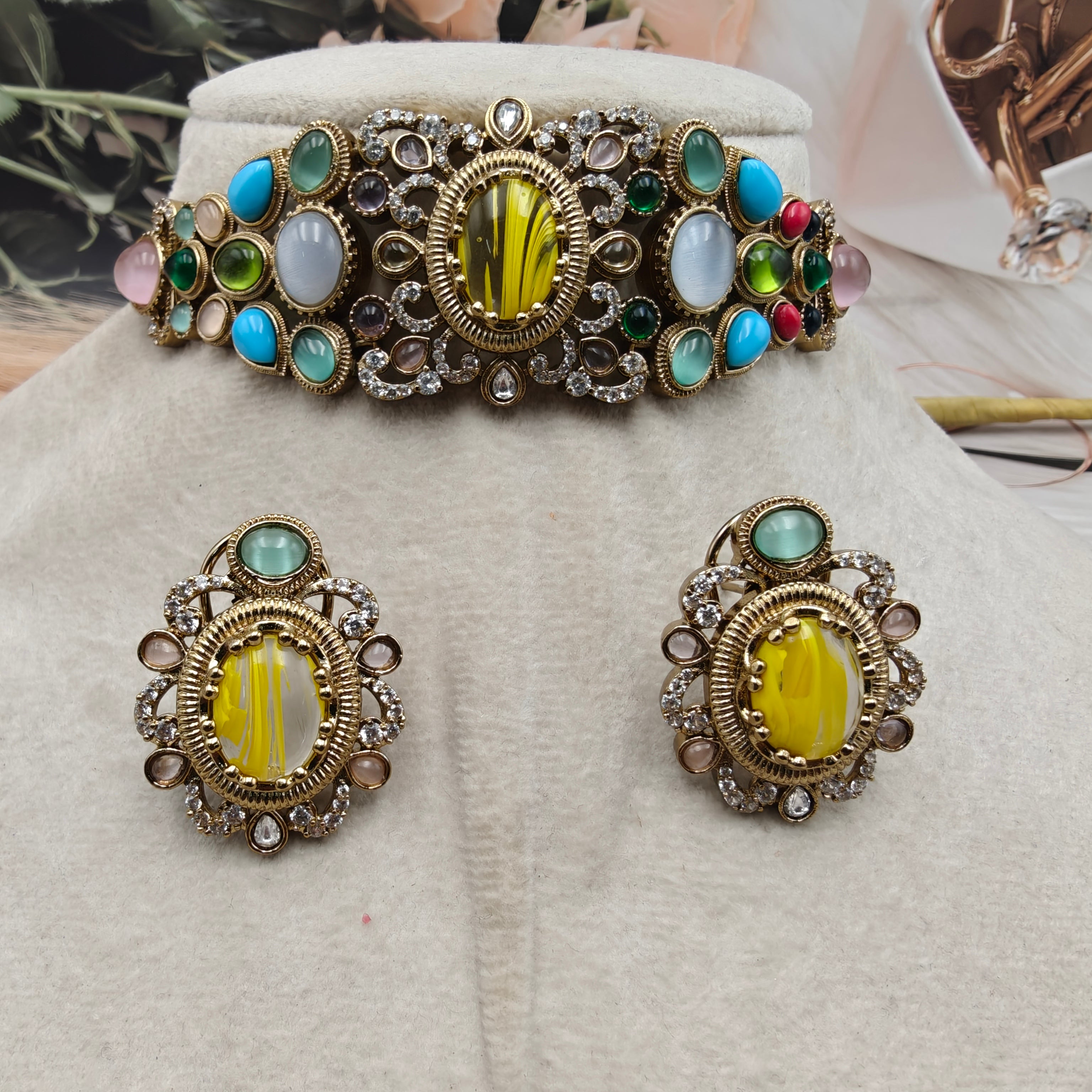 Tara Sabyasachi Inspired Gemstones Choker Set- Yellow Multi