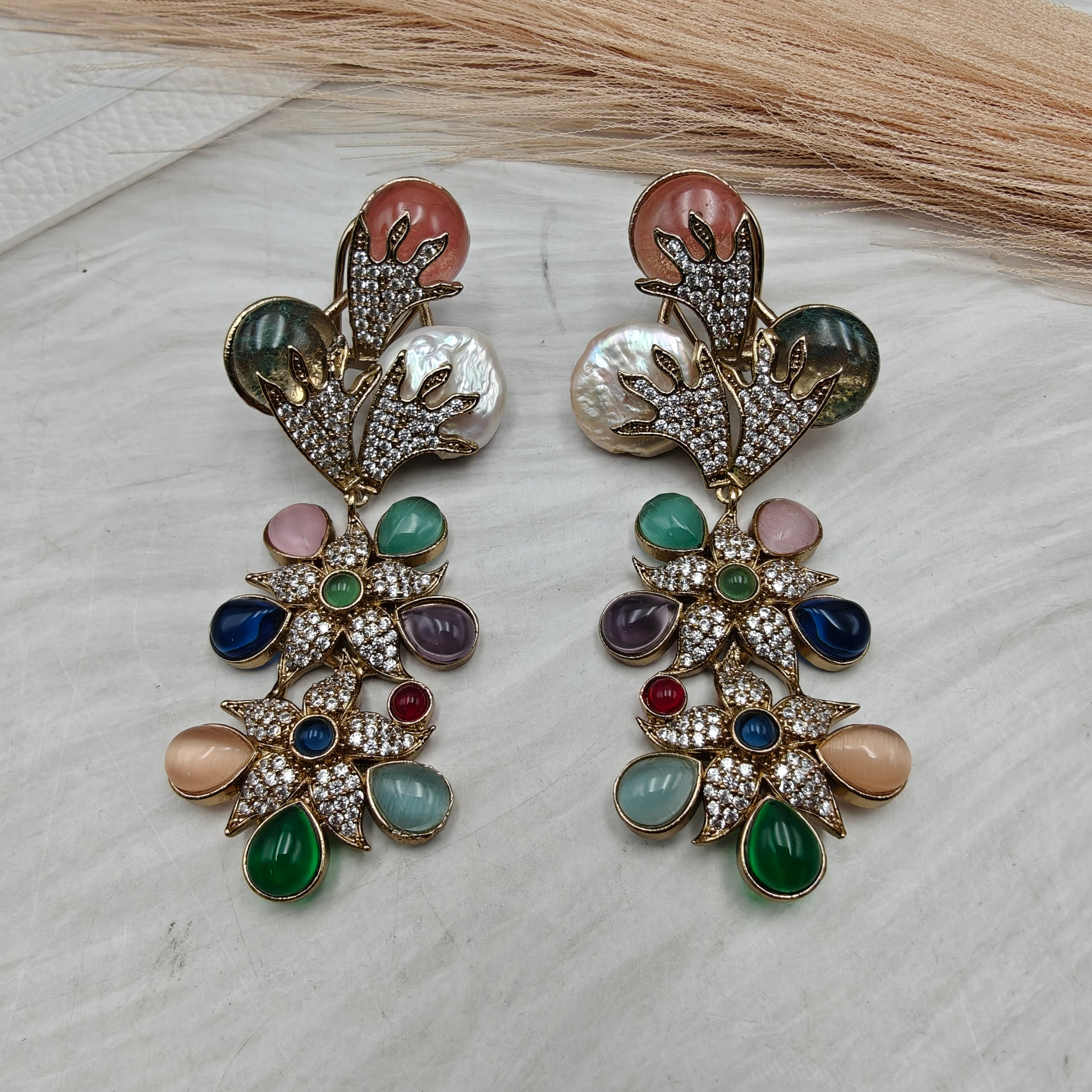 Elizabeth Semi Precious Gemstone and Baroque Sabya Inspired Earrings- Multi 2