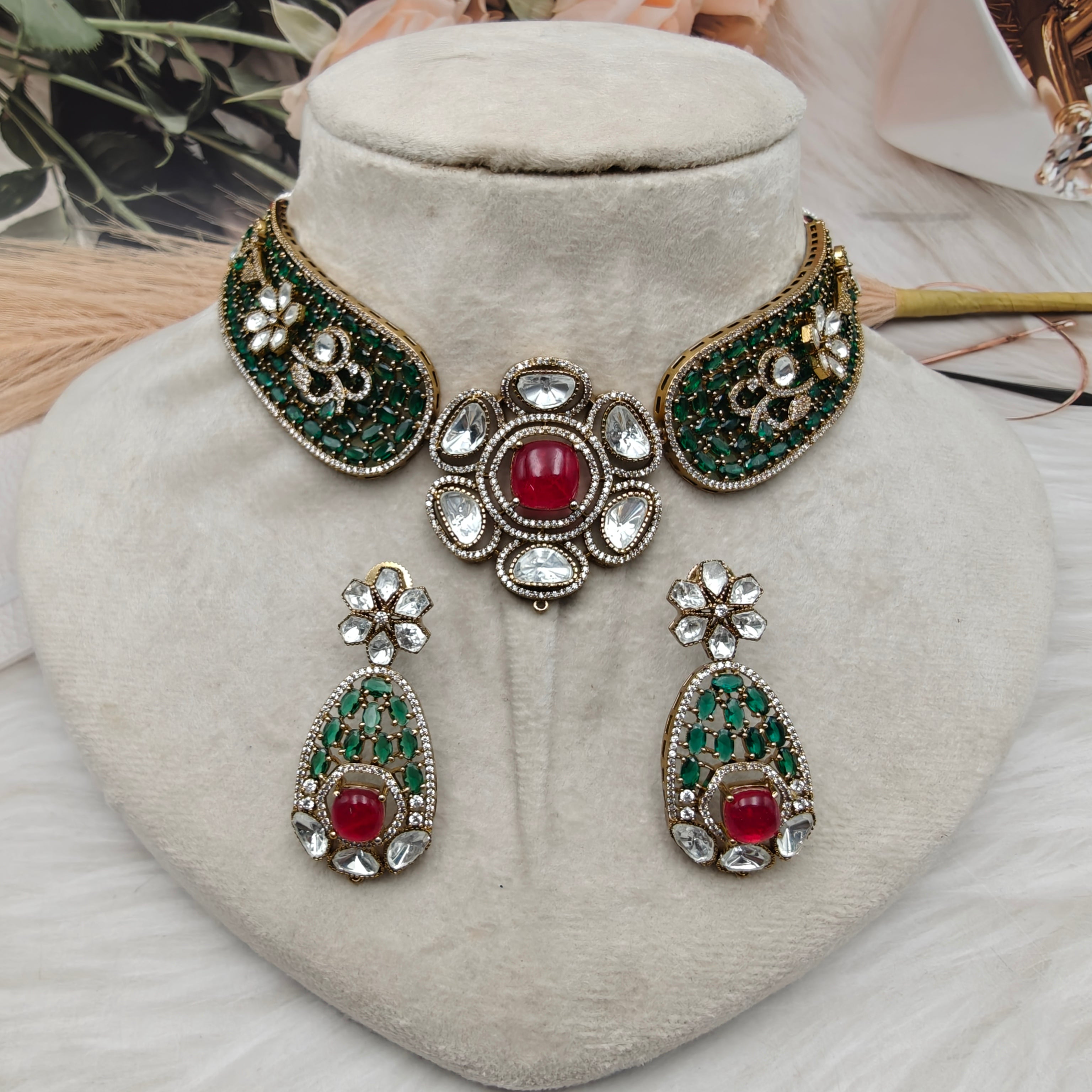 Kajri Moissanite Doublet Designer Hasli Set - Green n Red