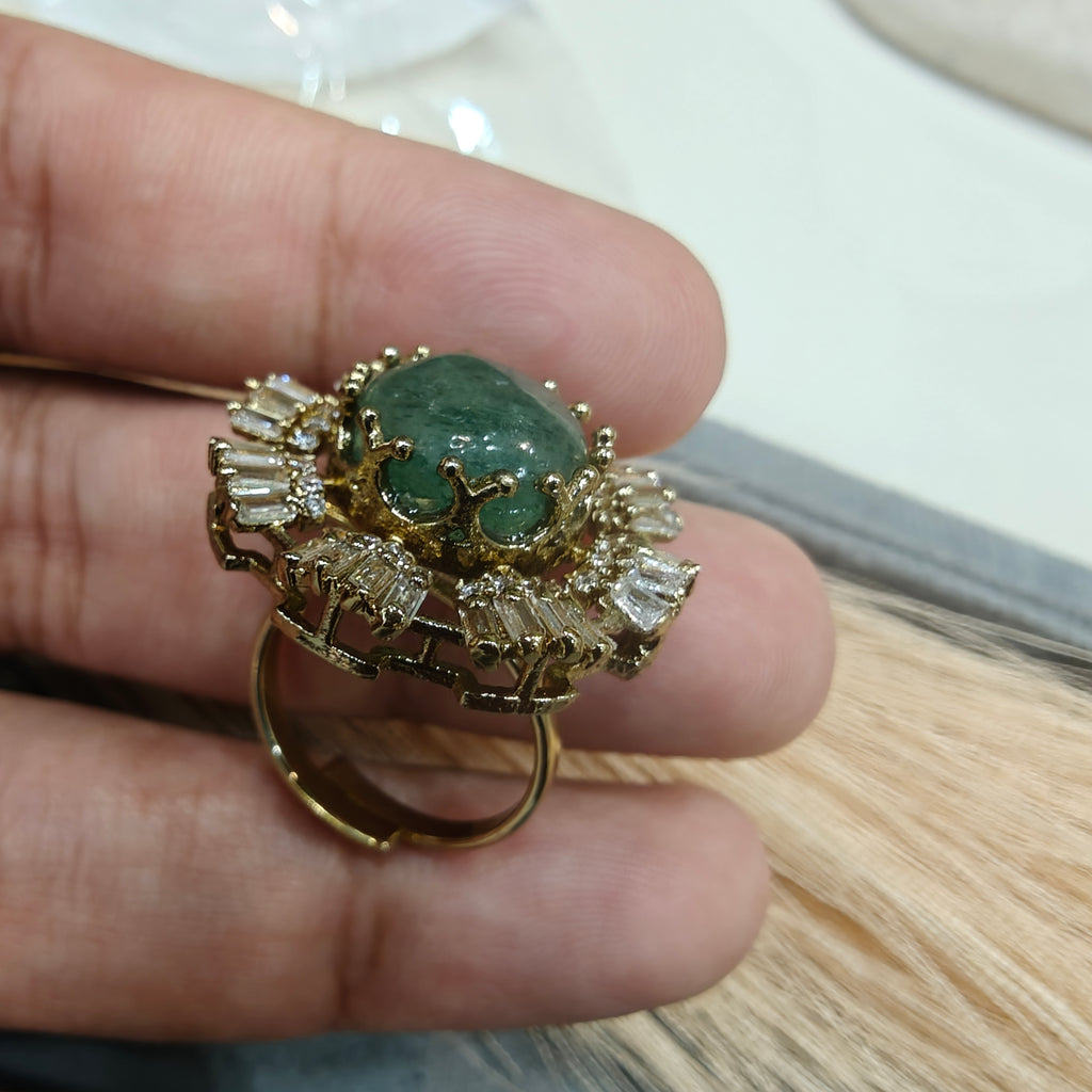 Sakshi Natural Stone Baguette Adjustable Ring- Green