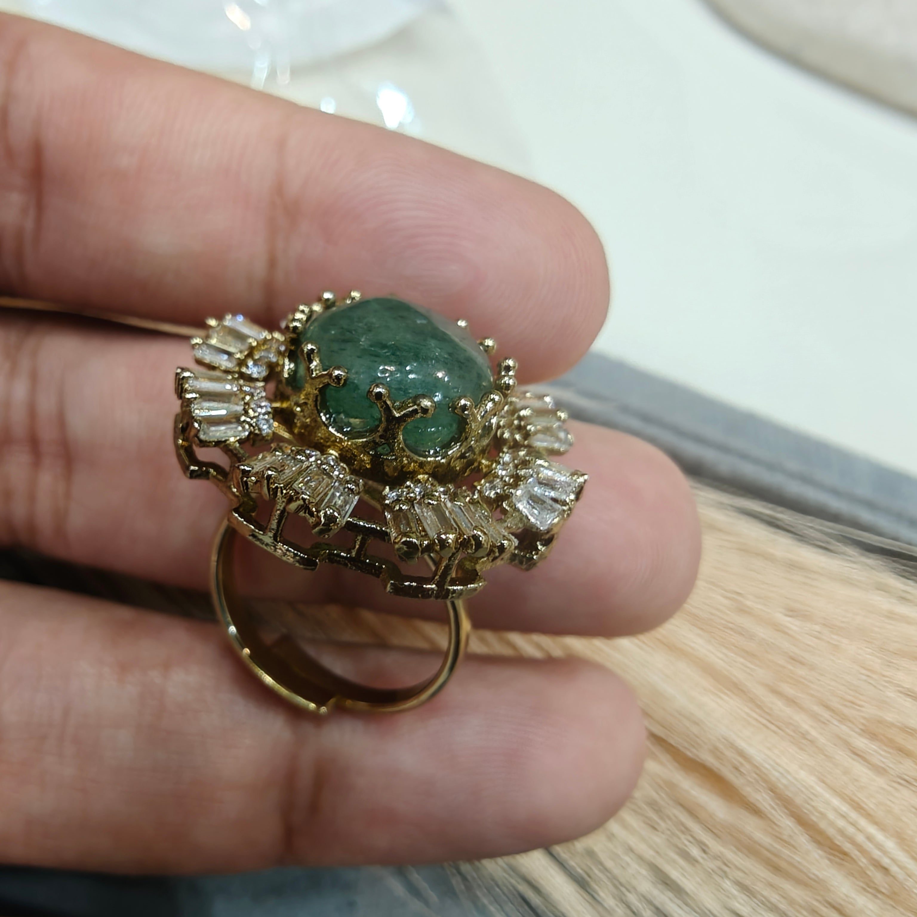 Sakshi Natural Stone Baguette Adjustable Ring- Green