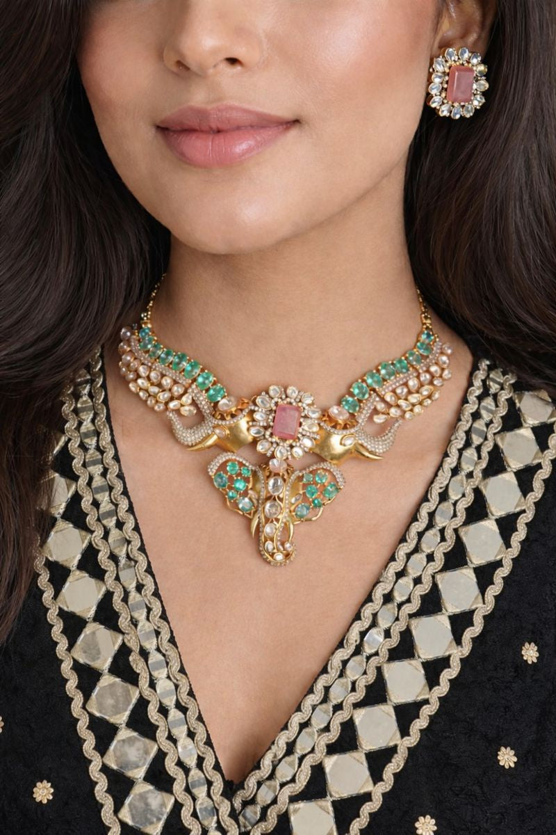 Vighnaharta Luxe Moissanite Necklace Set- Aqua Green n Peach