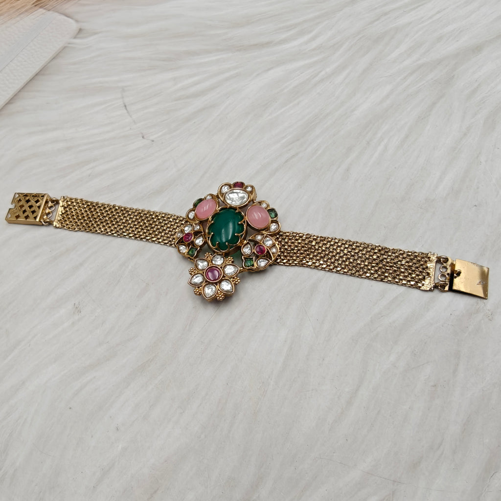 Shakuntala Jadtar Kundan Multi Gemstone Chain Bracelets - Green n Pink