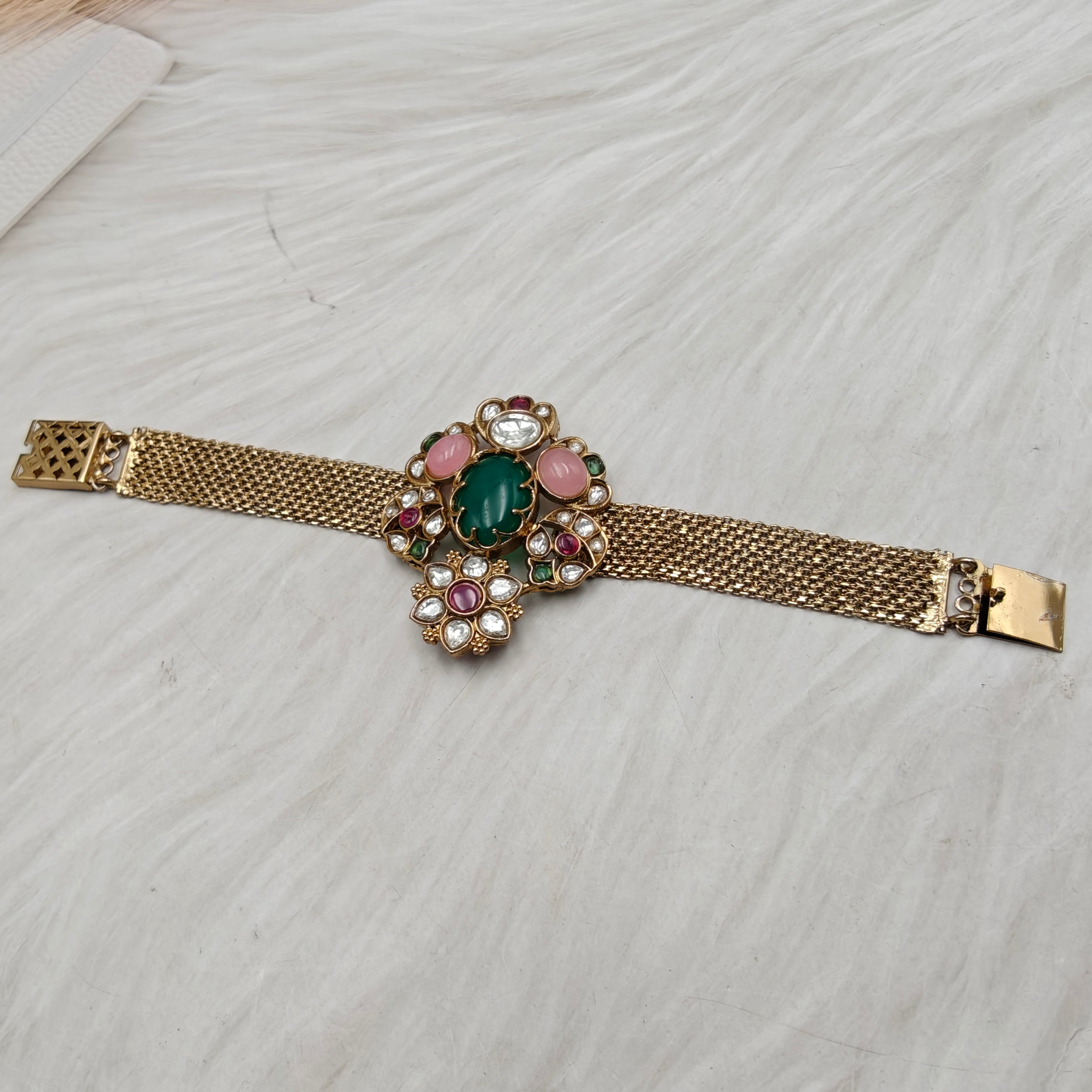 Shakuntala Jadtar Kundan Multi Gemstone Chain Bracelets - Green n Pink