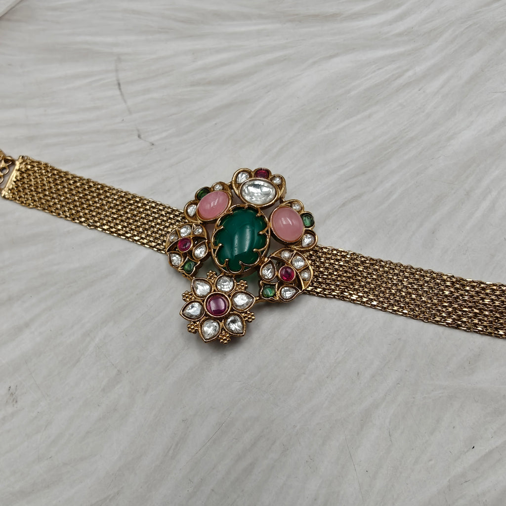 Shakuntala Jadtar Kundan Multi Gemstone Chain Bracelets - Green n Pink