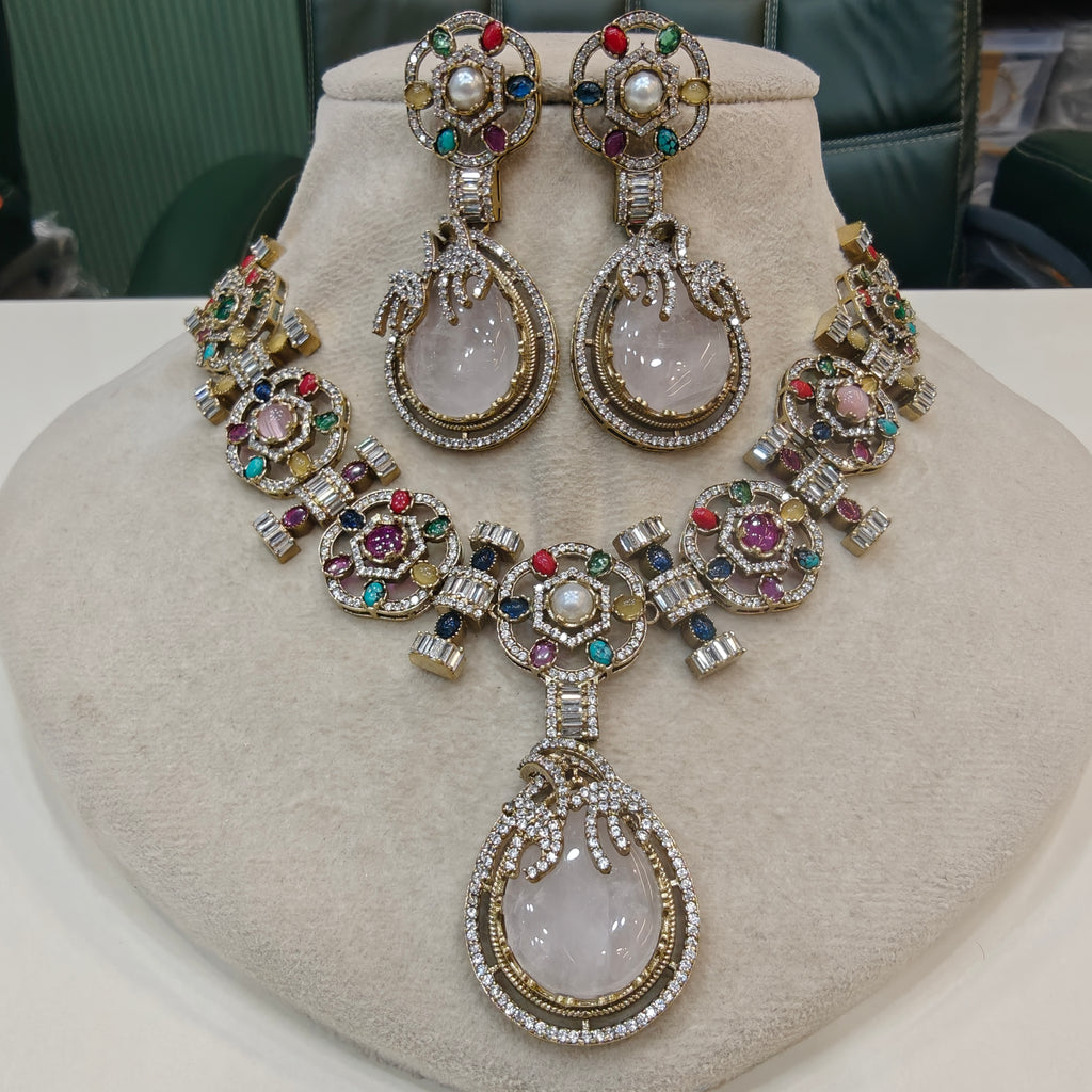 Manvika Sabya Inspired Navratan Necklace Set- Soft Pink/ Rose Quartz