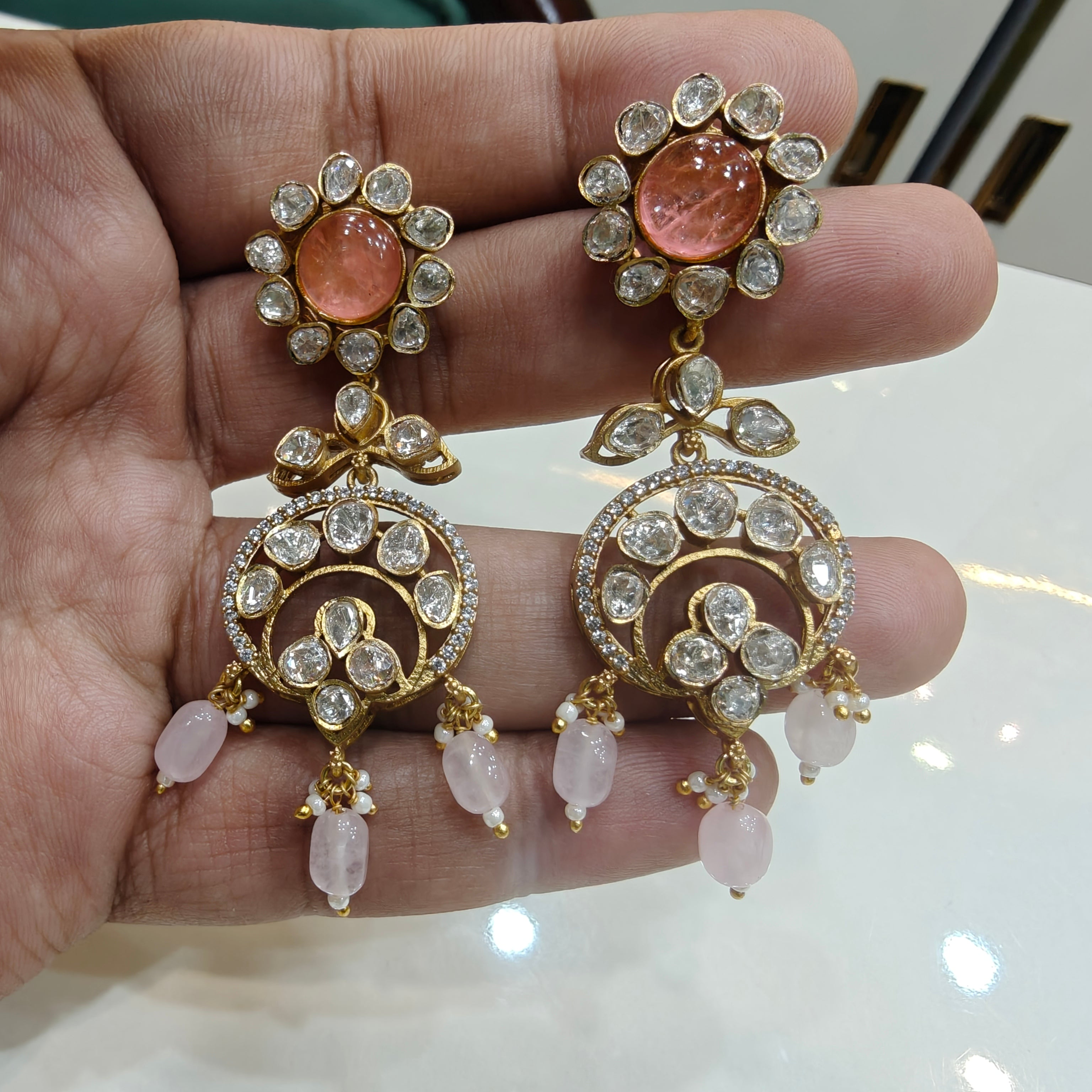 Damini Uncut Moissanite LB shade Chandbali Earrings- Peach