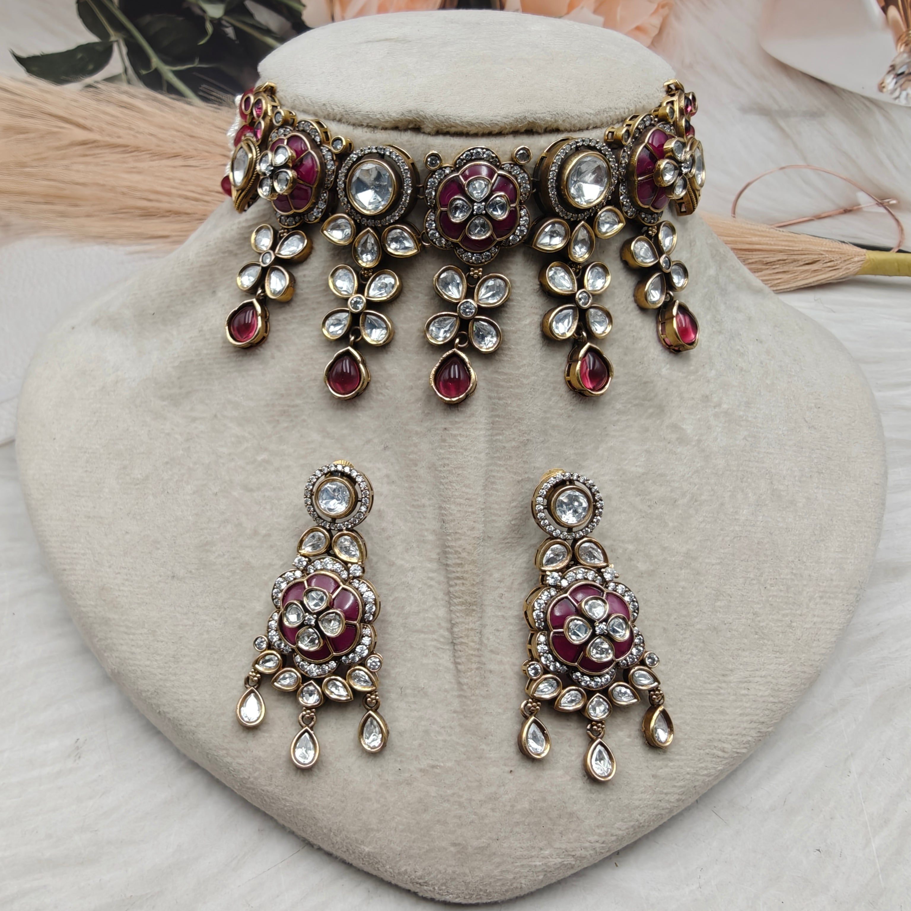 Diksha Takker Stone Polki Choker Set- Ruby