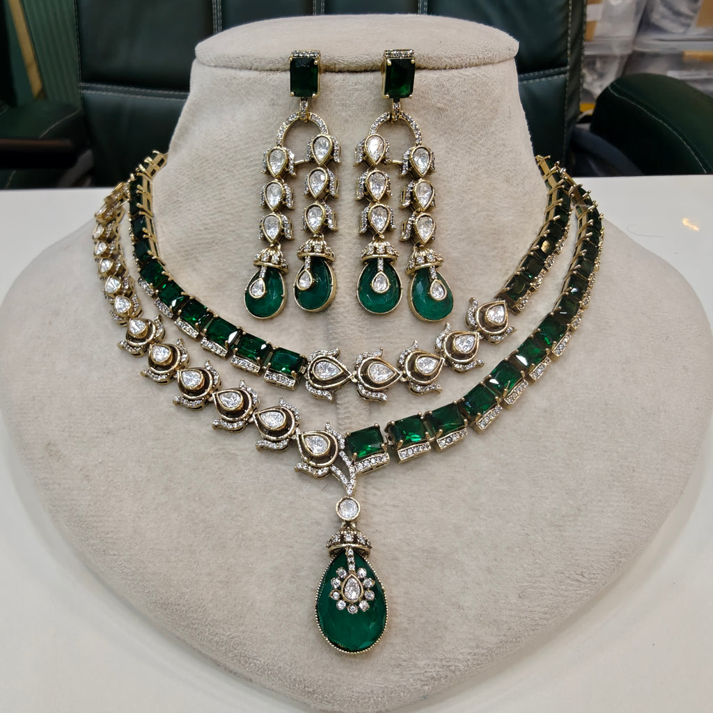 Mehrusa Polki AD Double Layer Necklace Set- Emerald Green