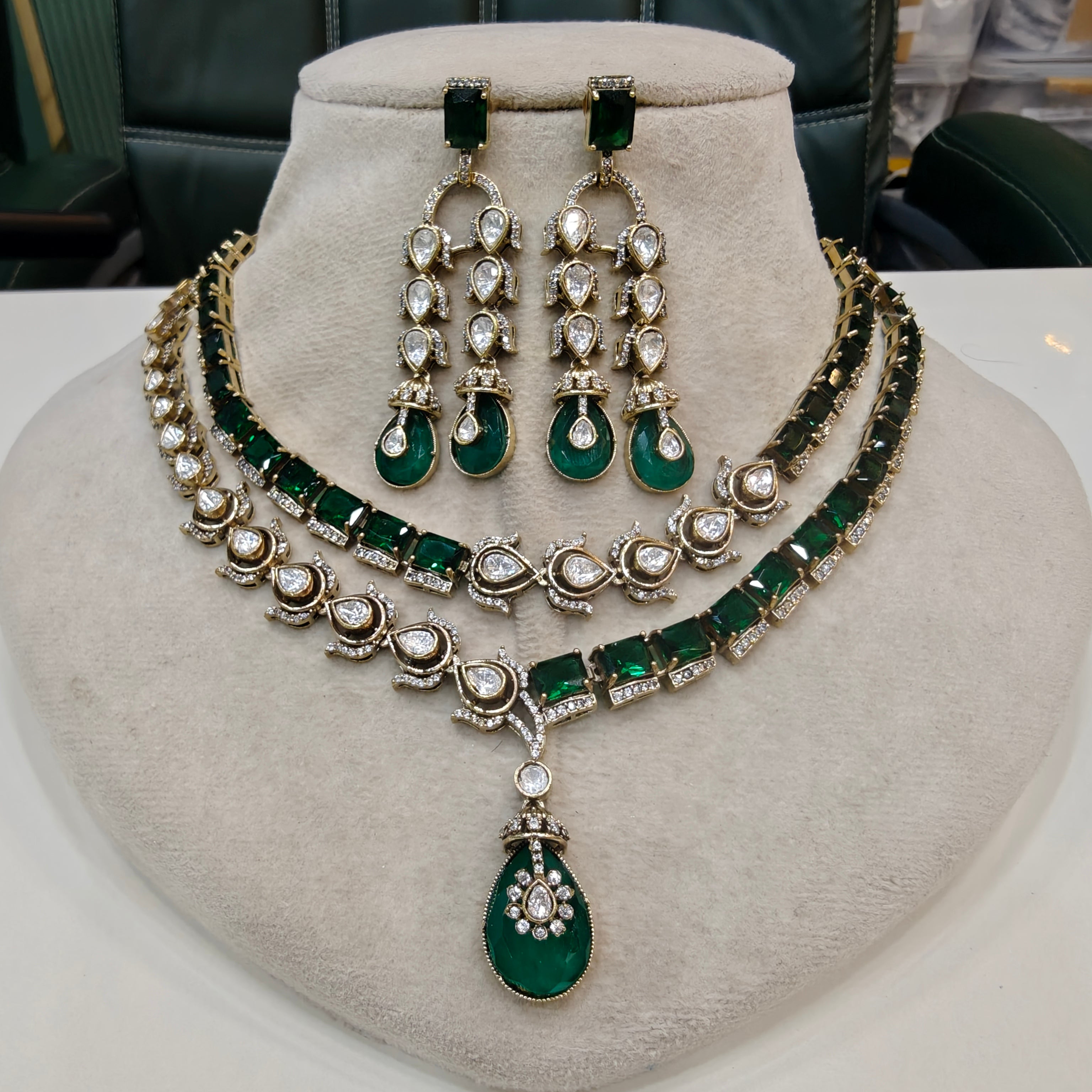 Mehrusa Polki AD Double Layer Necklace Set- Emerald Green