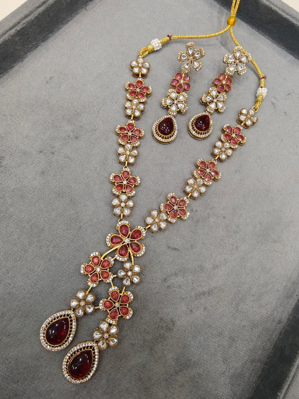 Siya Flower Necklace Set- Ruby Red