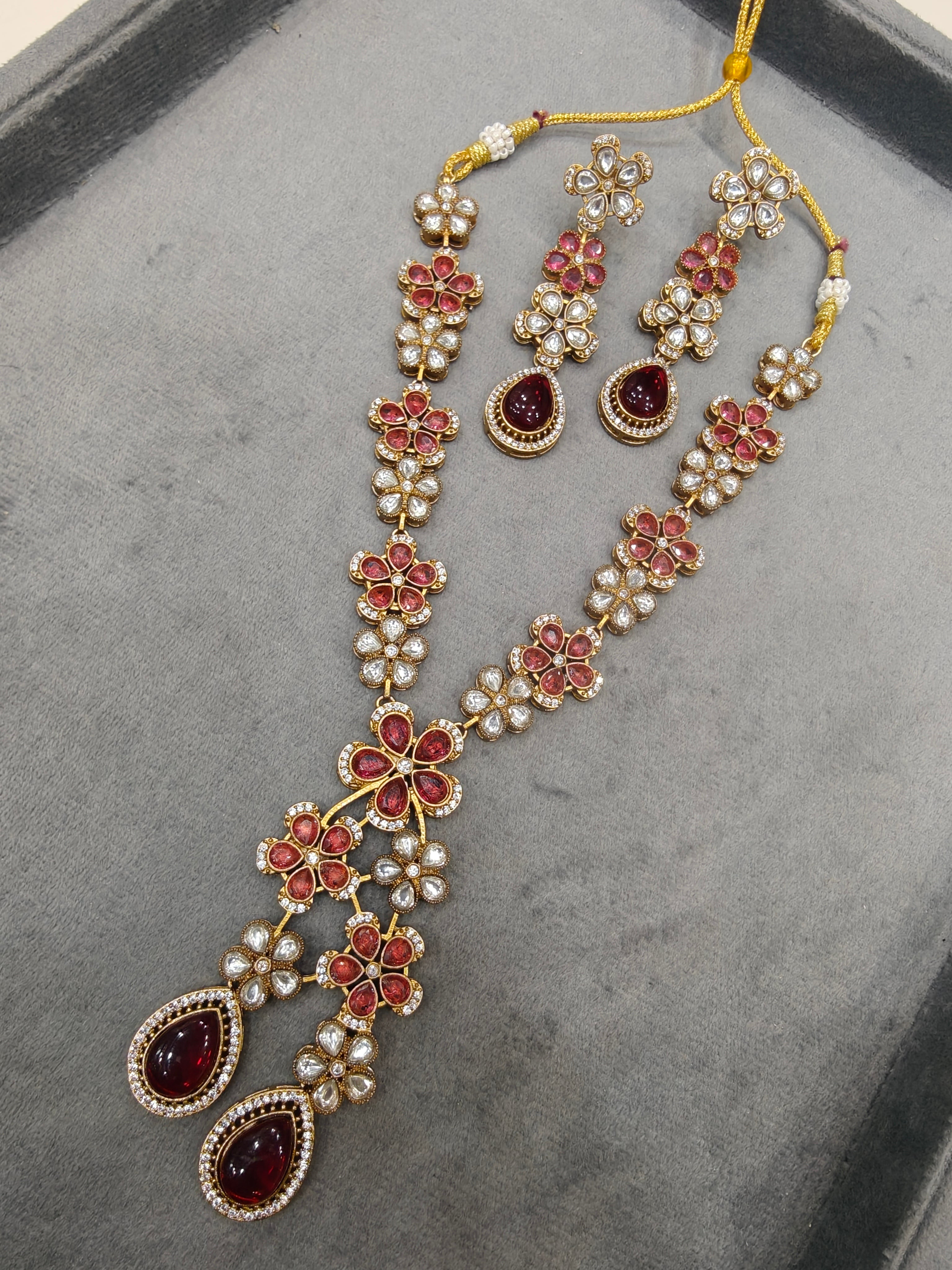 Siya Flower Necklace Set- Ruby Red