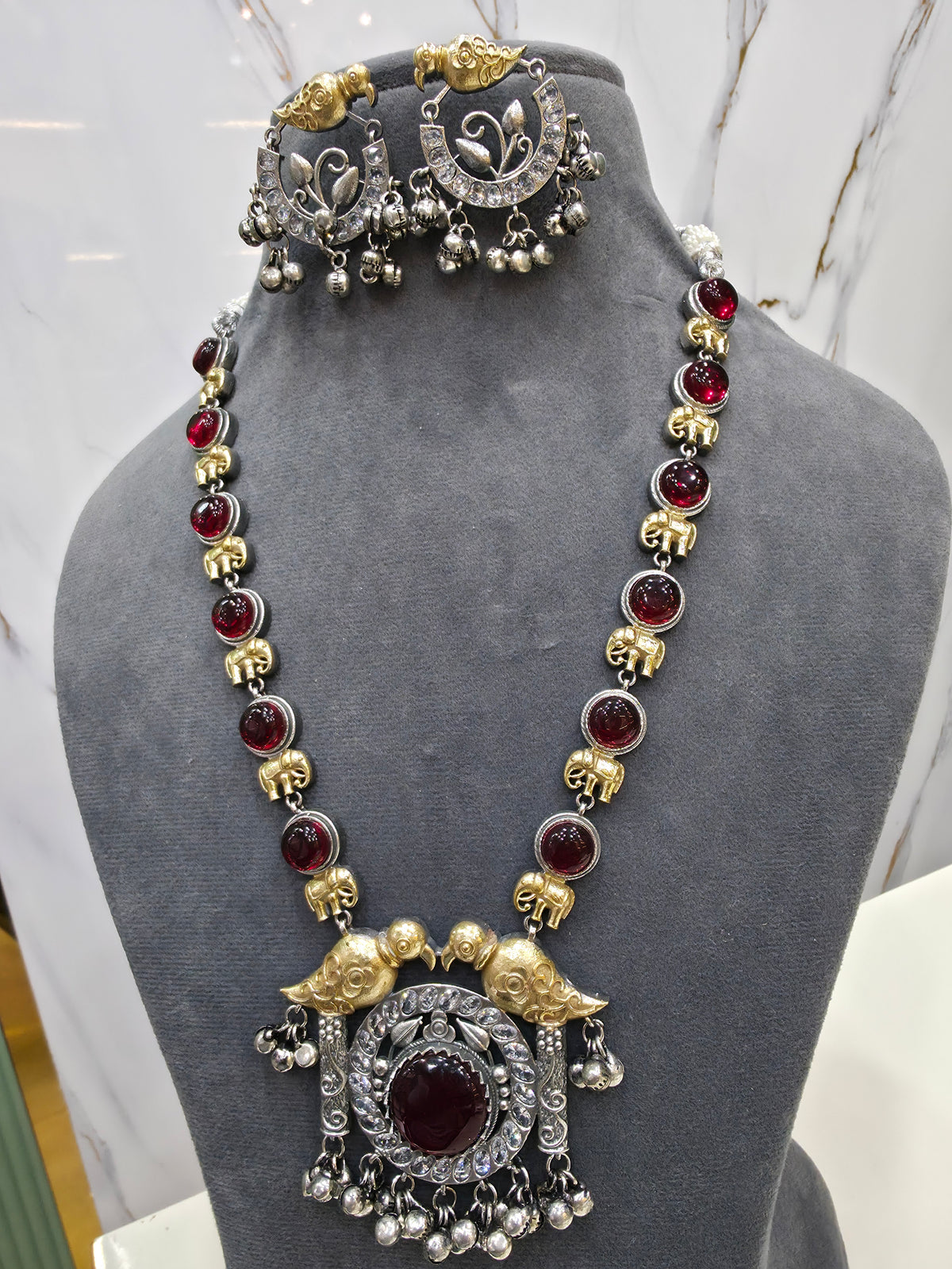 Swati Silver Oxidised Brass Dual tone Necklace Set- Maroon