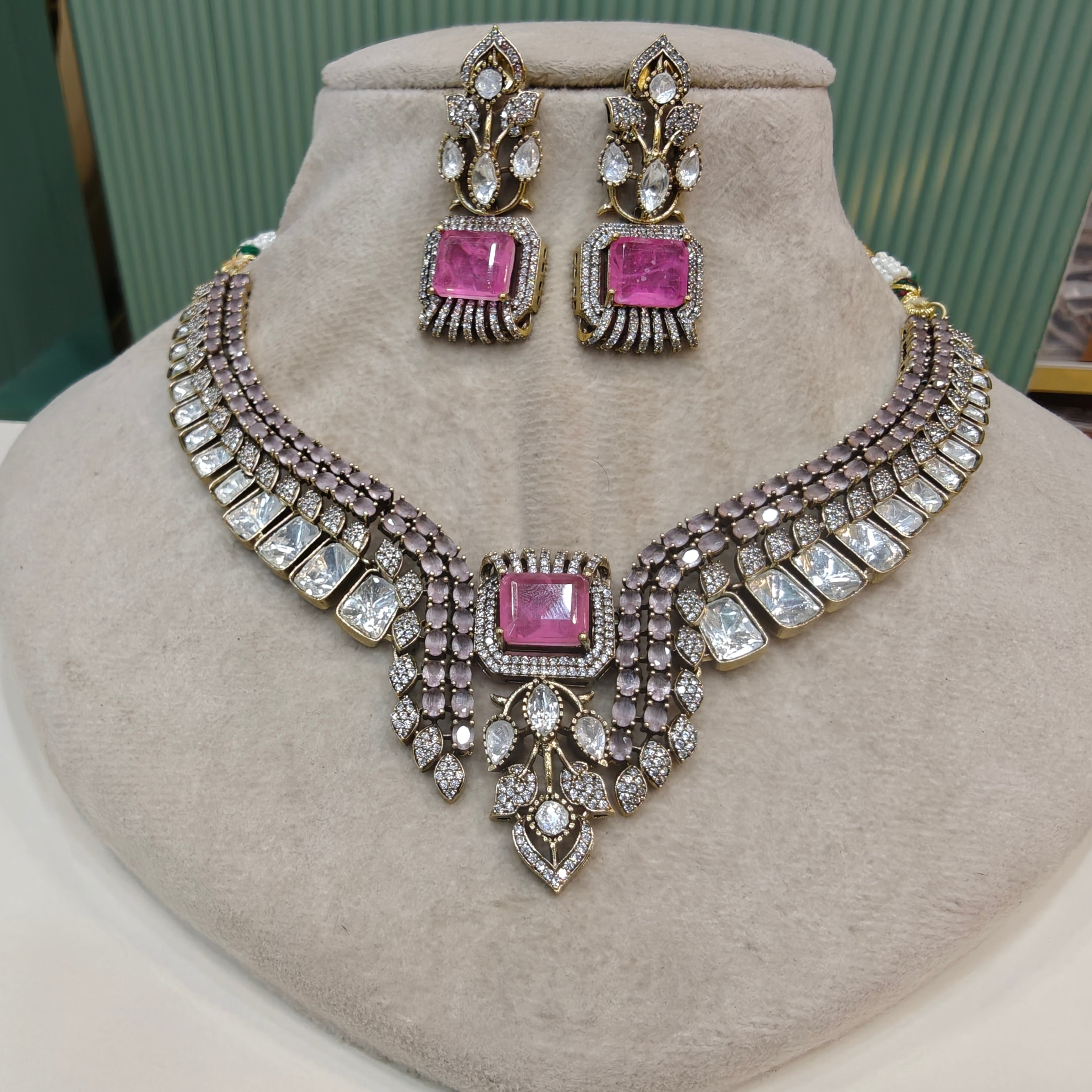 Silky Doublet and Uncut Polki Necklace Set- Pink
