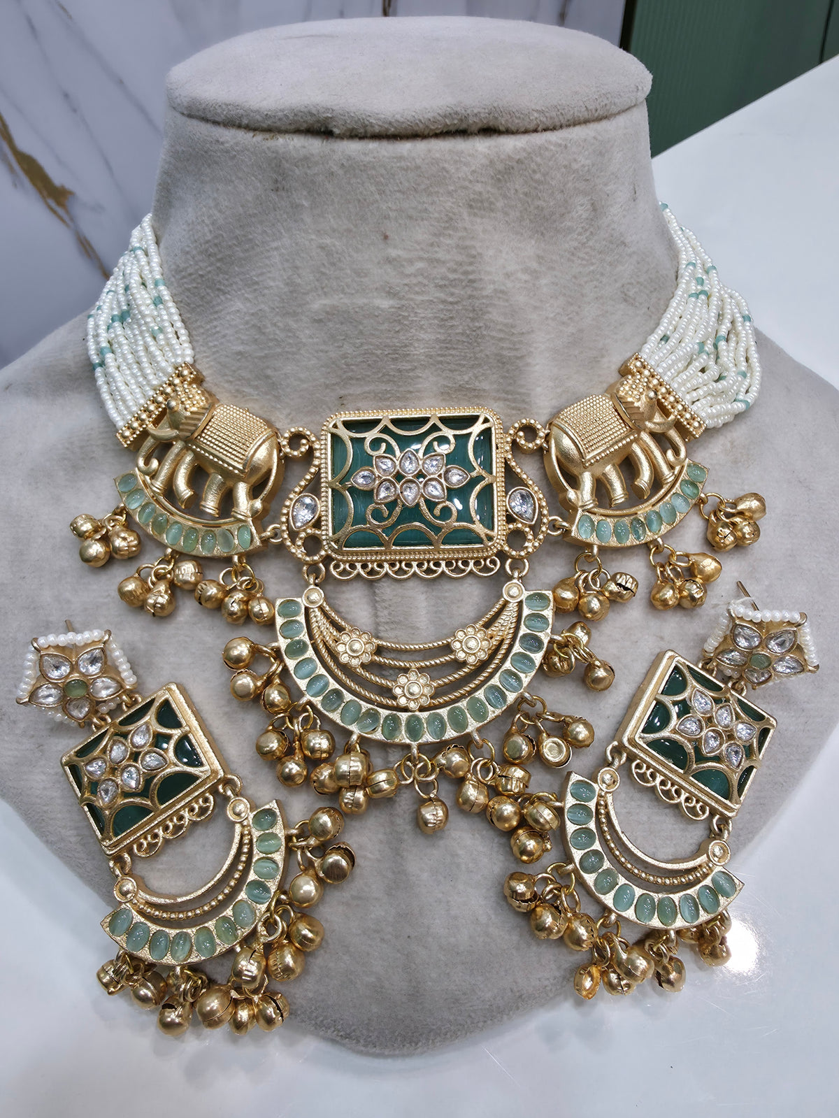 Ayesha Gajja Matte Gold Handcrafted Brass Choker Necklace Set- Sea Green