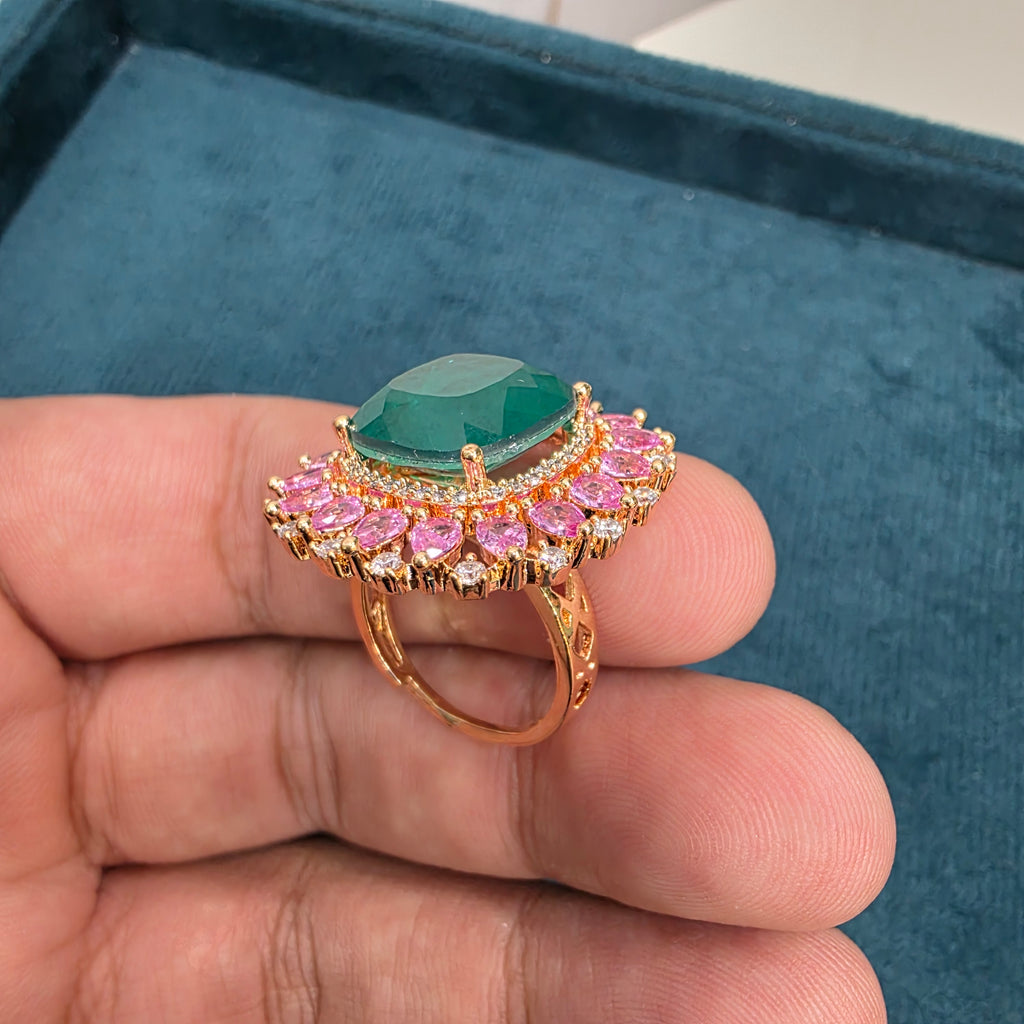 Anam Russian Doublet Statement Carat Plating Ring - Emerald and Pink