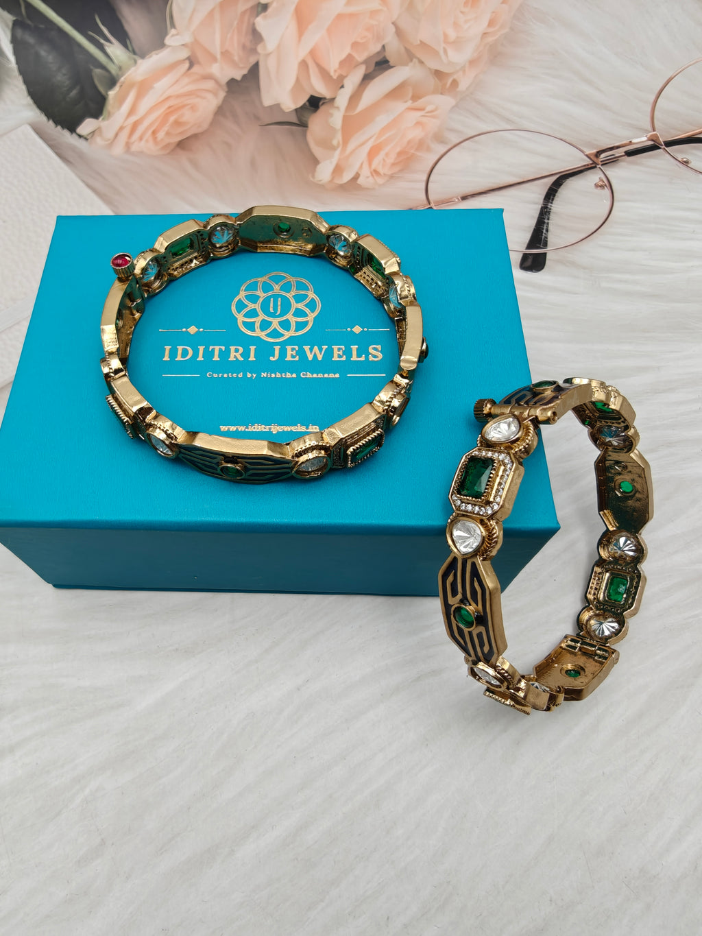Sargam Enamel and Moissanite Openable Bangles- Green