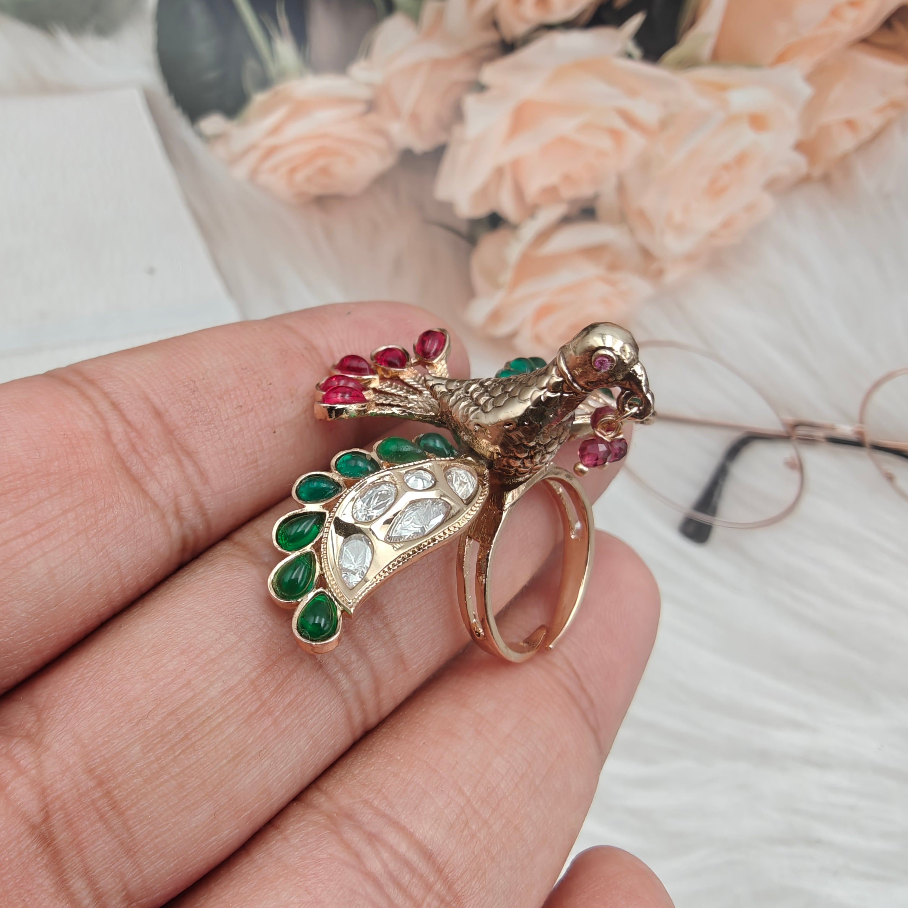 Bird Moissanite Adjustable Ring- Red Green