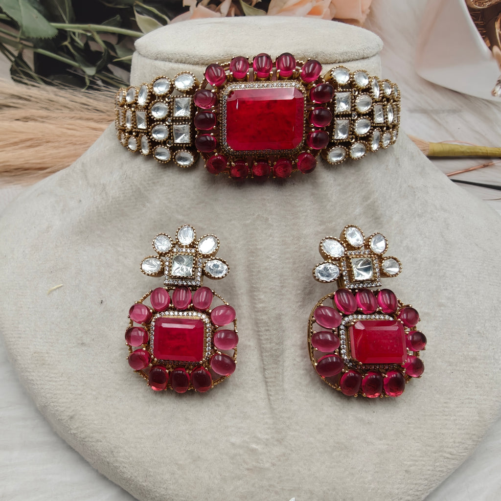 Vaishali Tanzanite Doublet and Moissanite Choker Set- Red