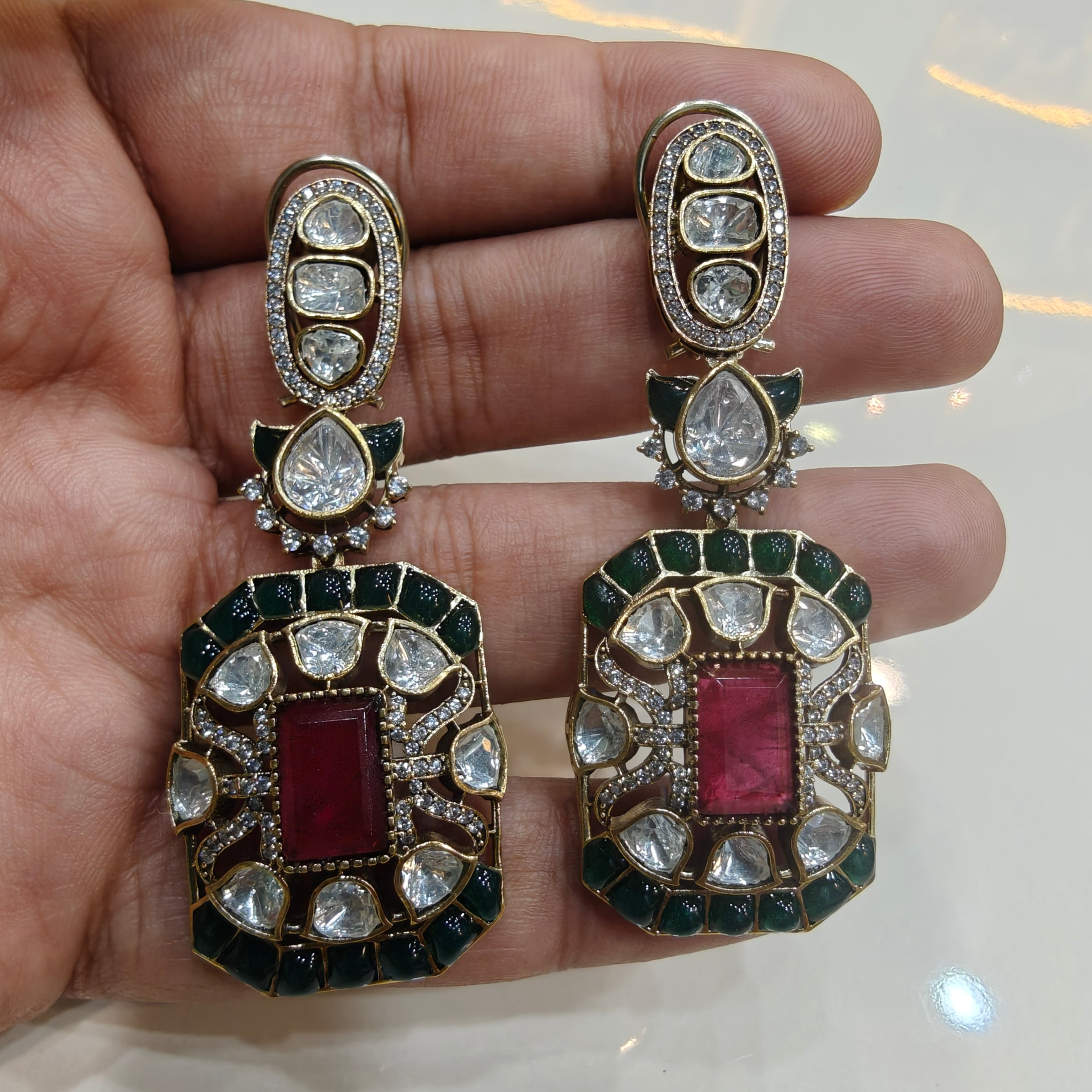 Sunakshi Doublet and Epoxy Earrings- Ruby Red and Green