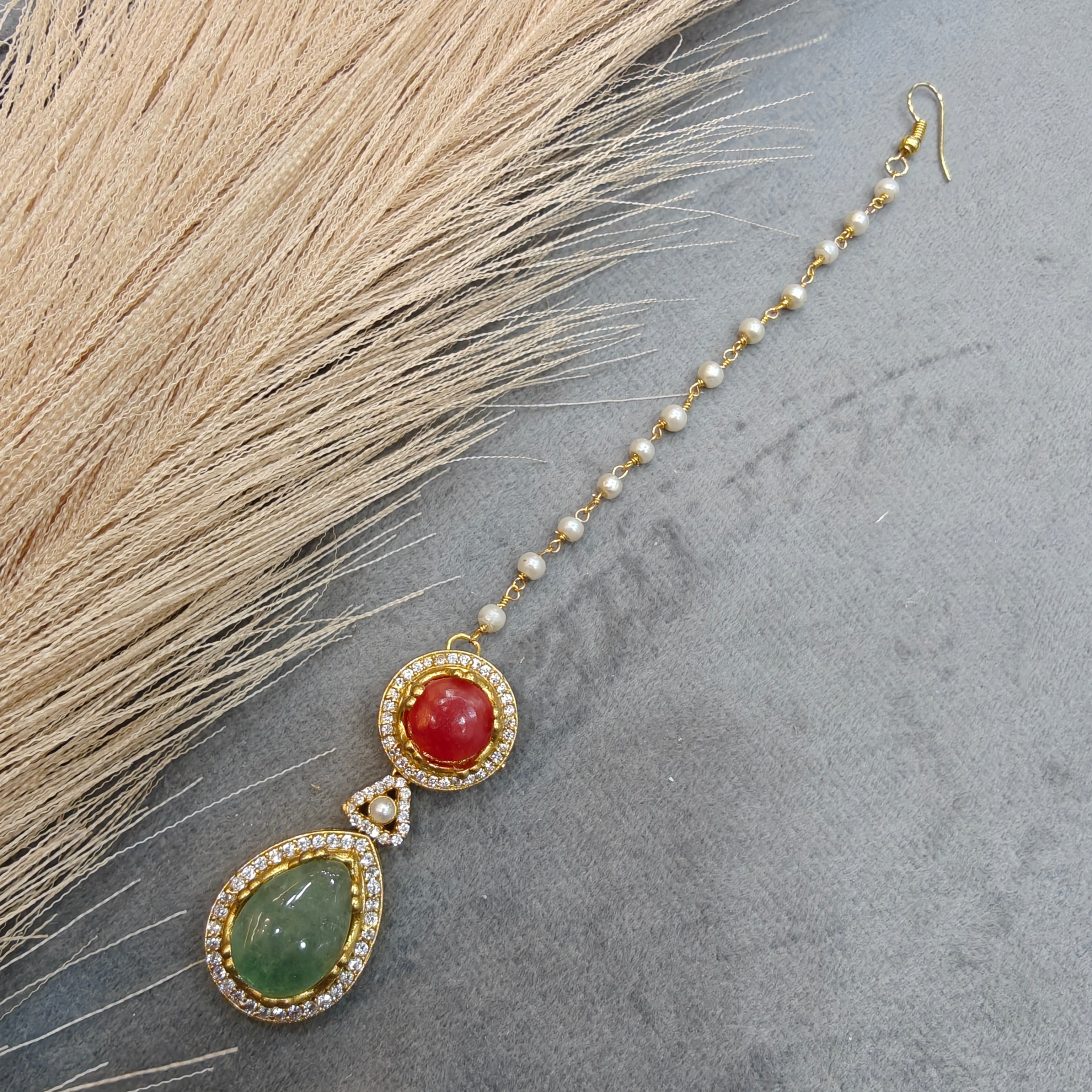Natural Stone Sabya Mangtikka- Mint Red Coral