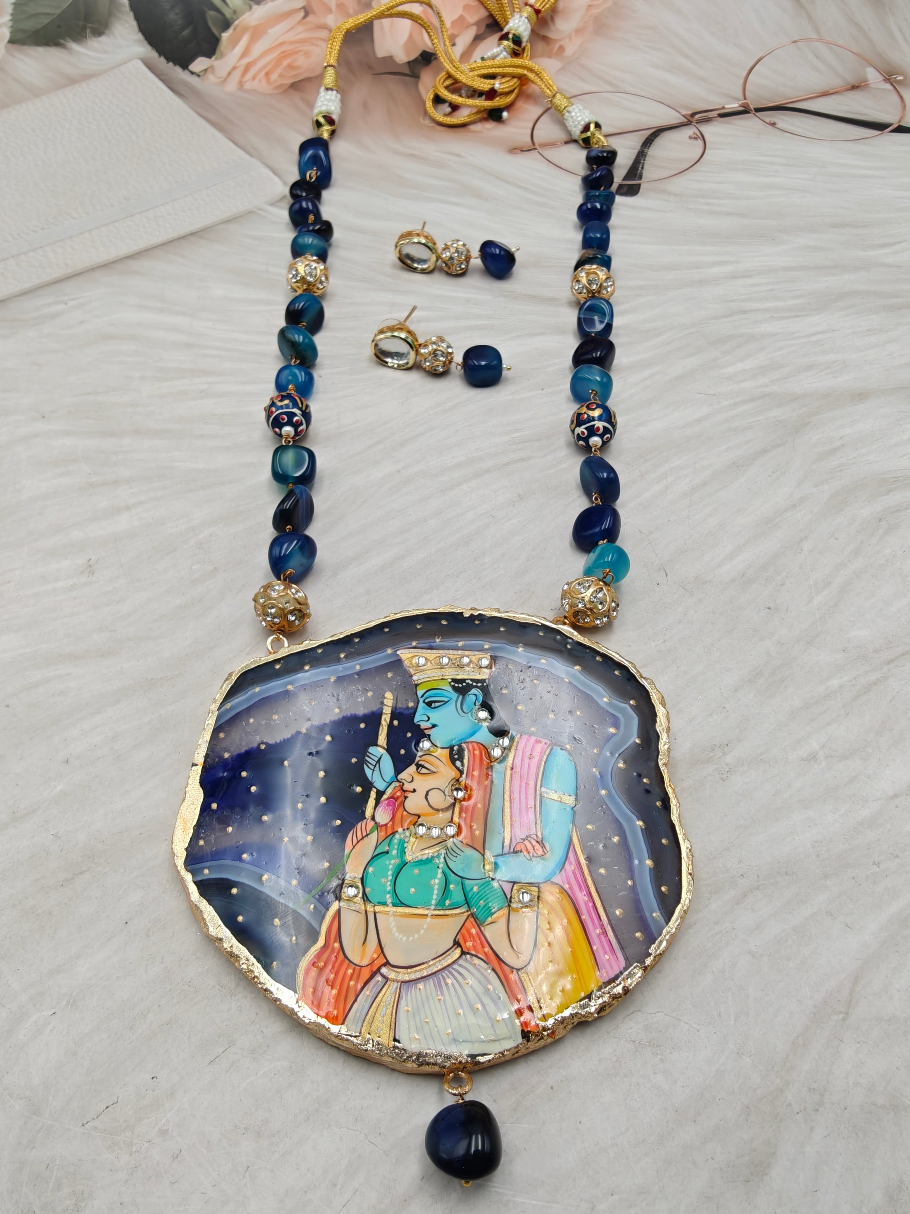 Radha Krishna Tanjore Natural Stone Necklace Set - Blue