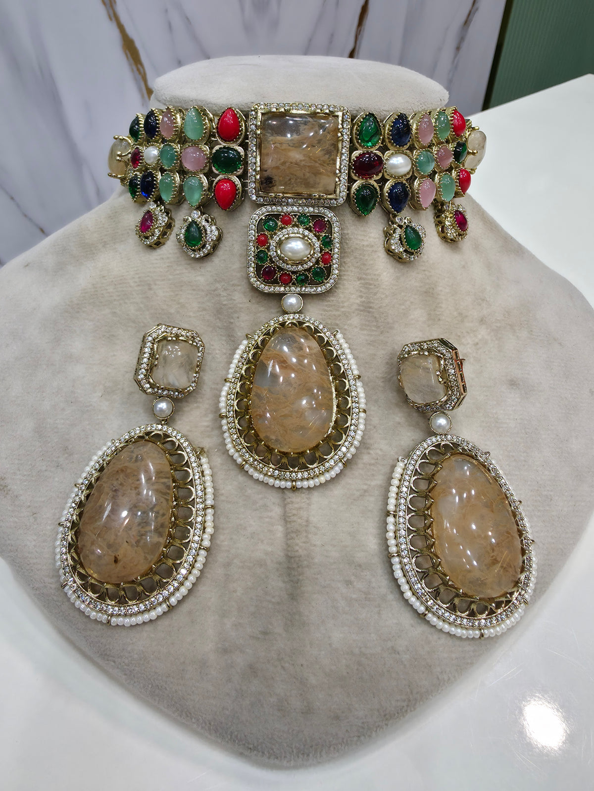 Alokika Sabya Inspired Pearl and Natural Stone Necklace Set- Fawn Multi