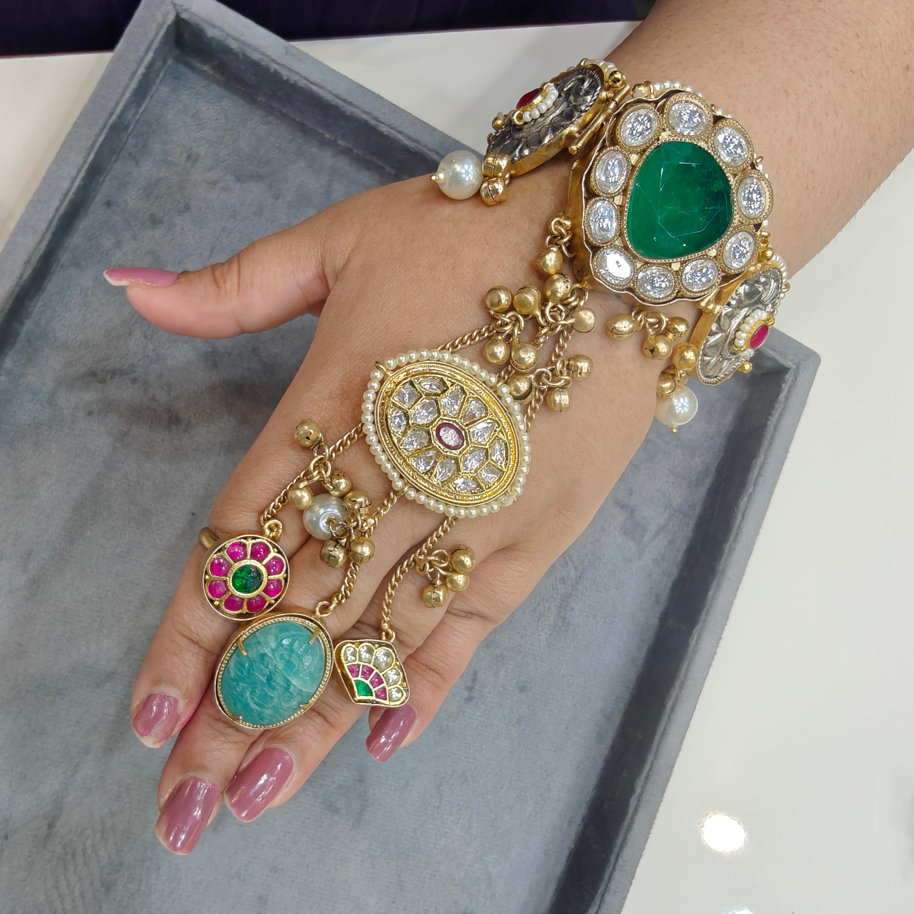 Shaheen Handcrafted Brass Fusion Hathphool-Green and Aquamarine