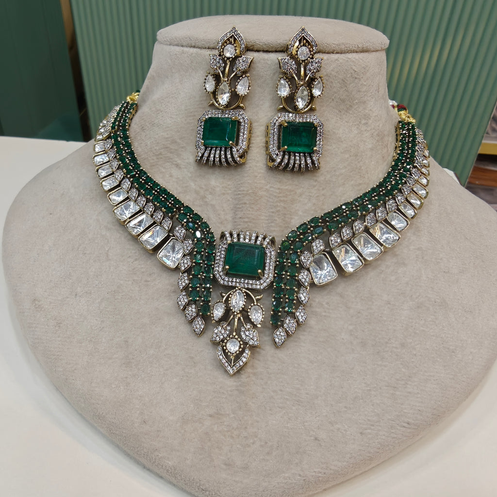 Silky Doublet and Uncut Polki Necklace Set- Green