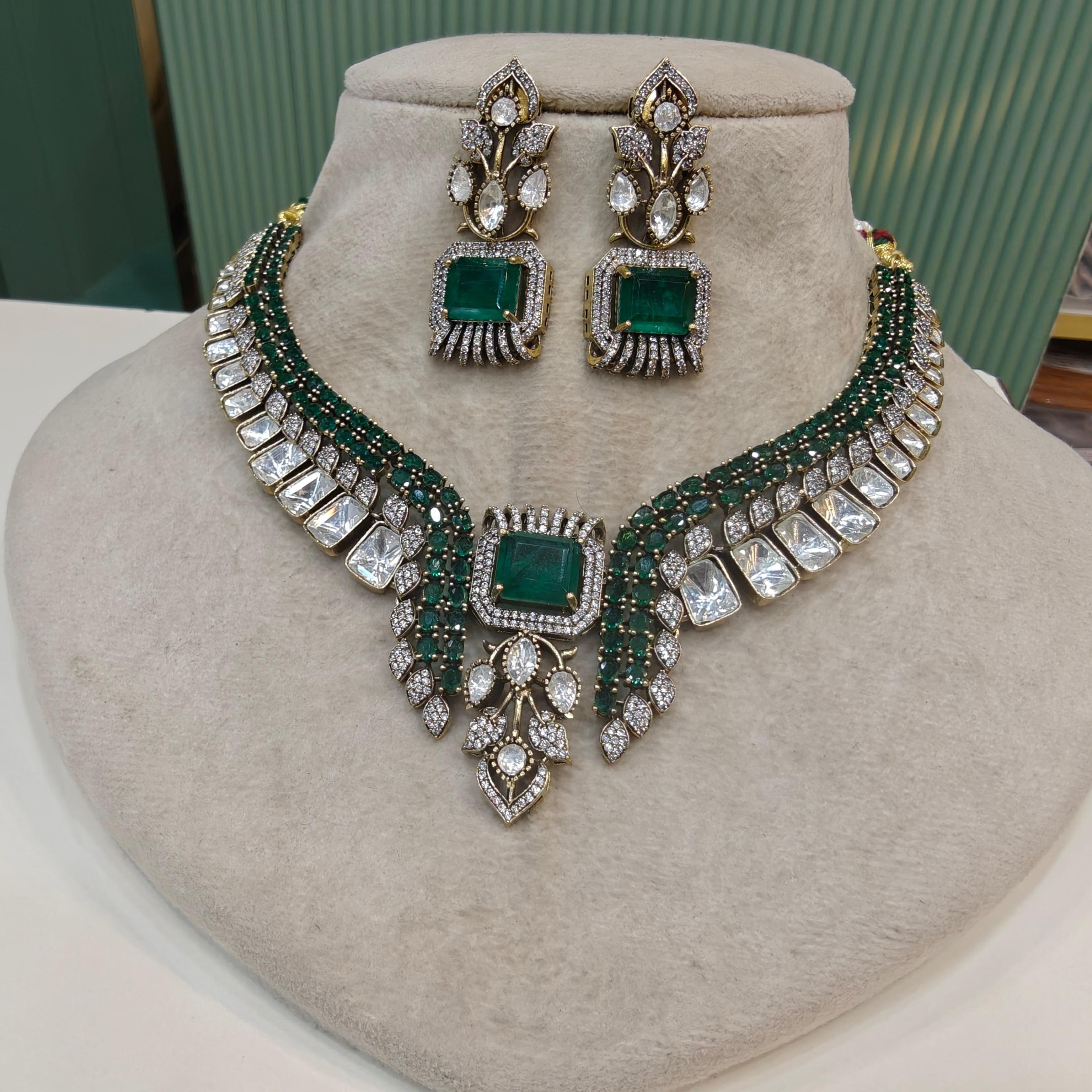Silky Doublet and Uncut Polki Necklace Set- Green