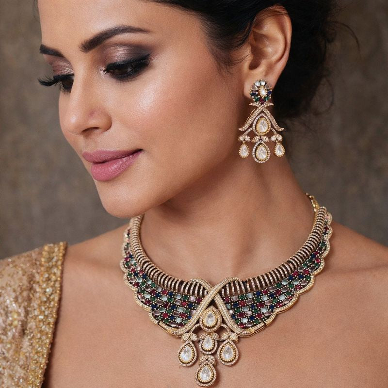 Samara Moissanite Polki Necklace Set- Multi