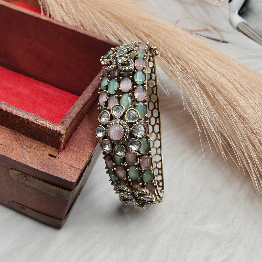 Kusum Moissanite Polki Openable Bracelet- Mint N Pink