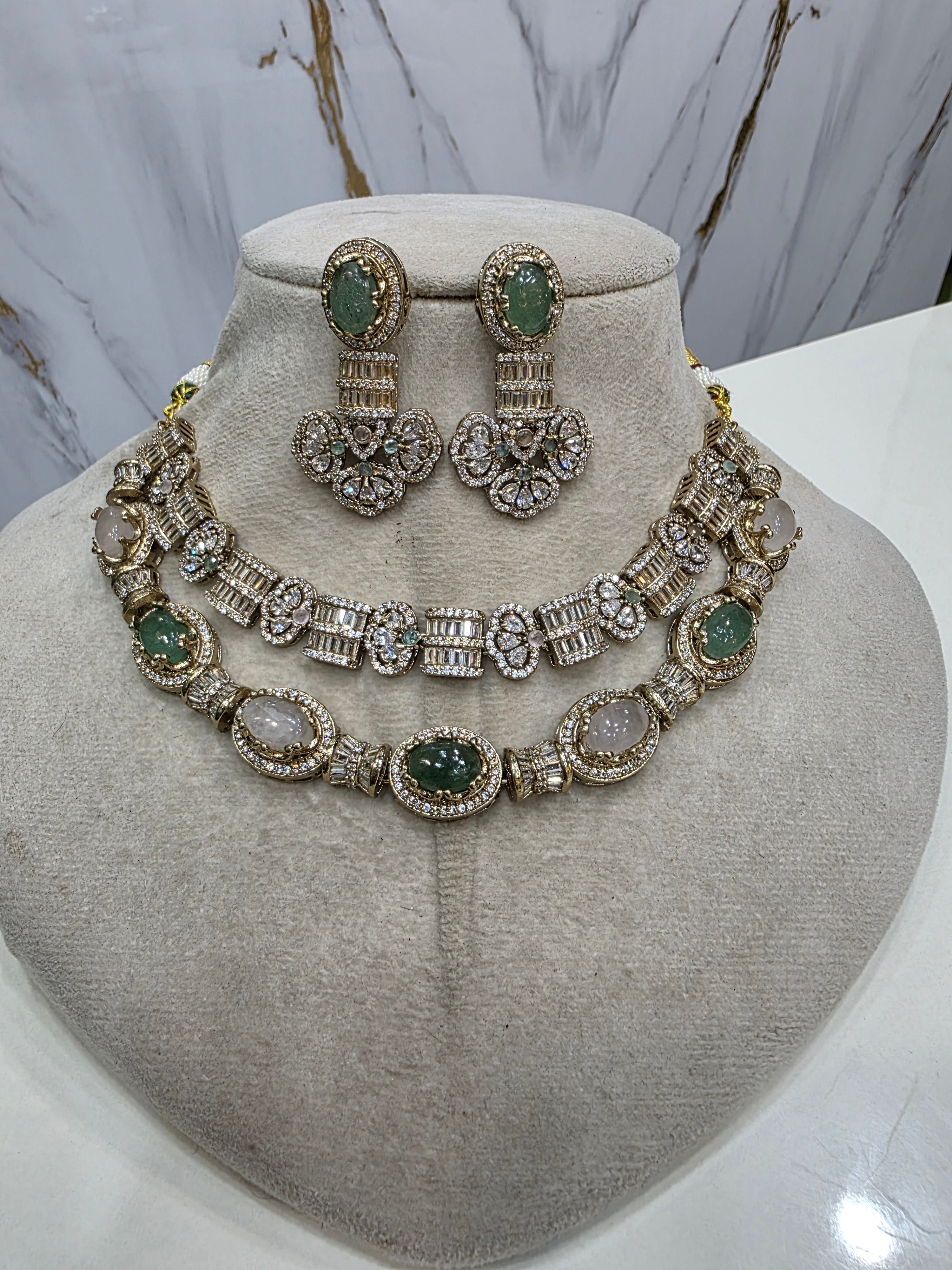 Double Layer Koshu Sabya Inspired Necklace Set- Mint Green and Light Pink
