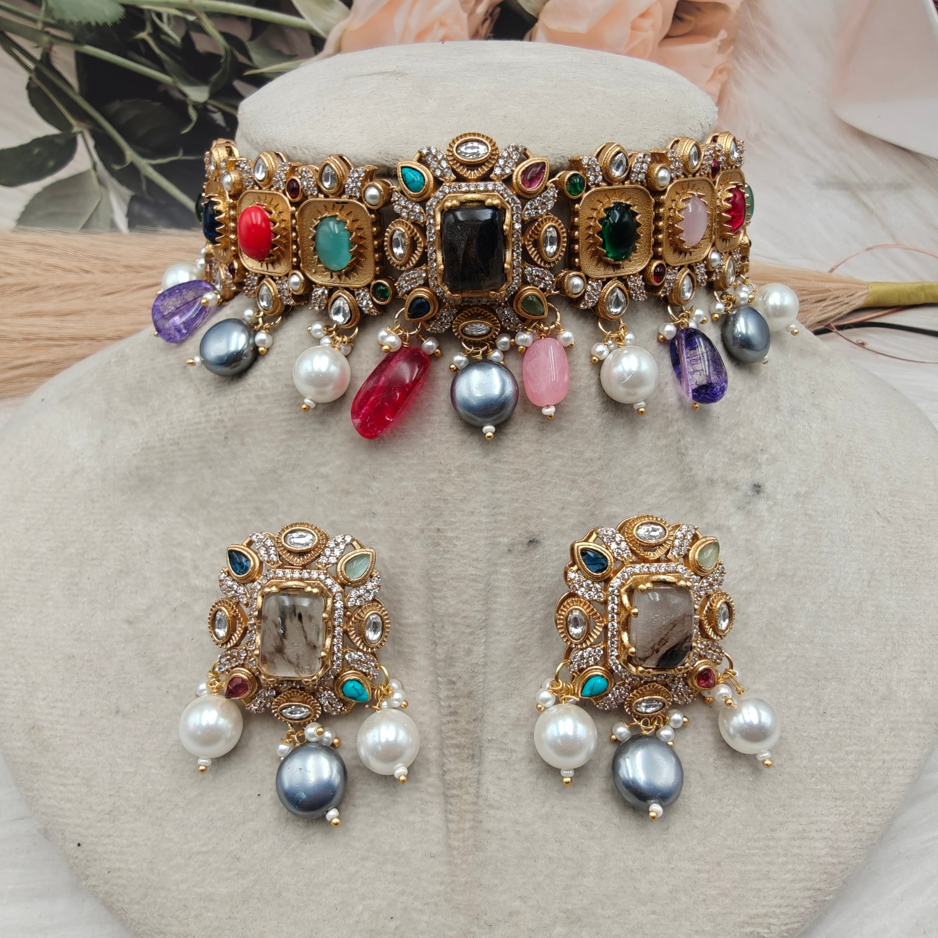 Shubhavi Navratan Natural Stone Choker Set- Brown Multi