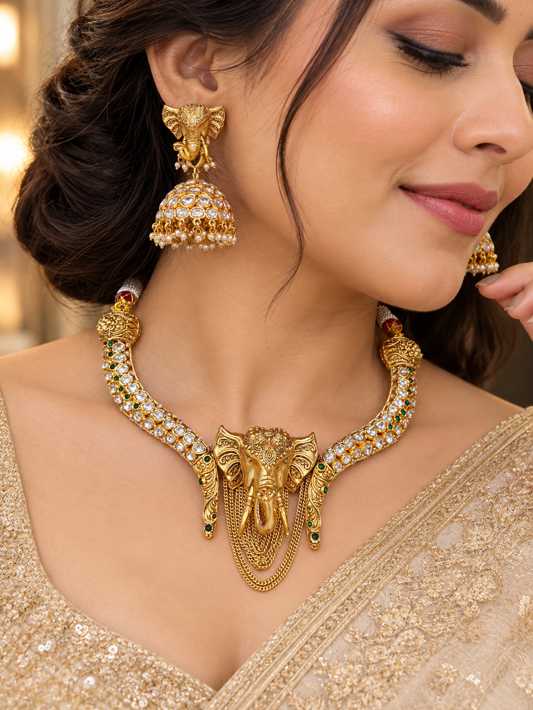 Vigneshwari Ganesha Gold Plated Hasli Set- Green