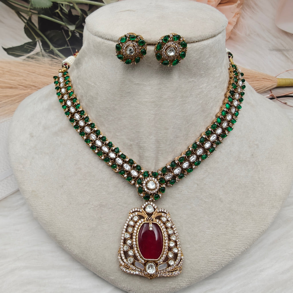 Gulnaz Royale Necklace Set - Green n Red