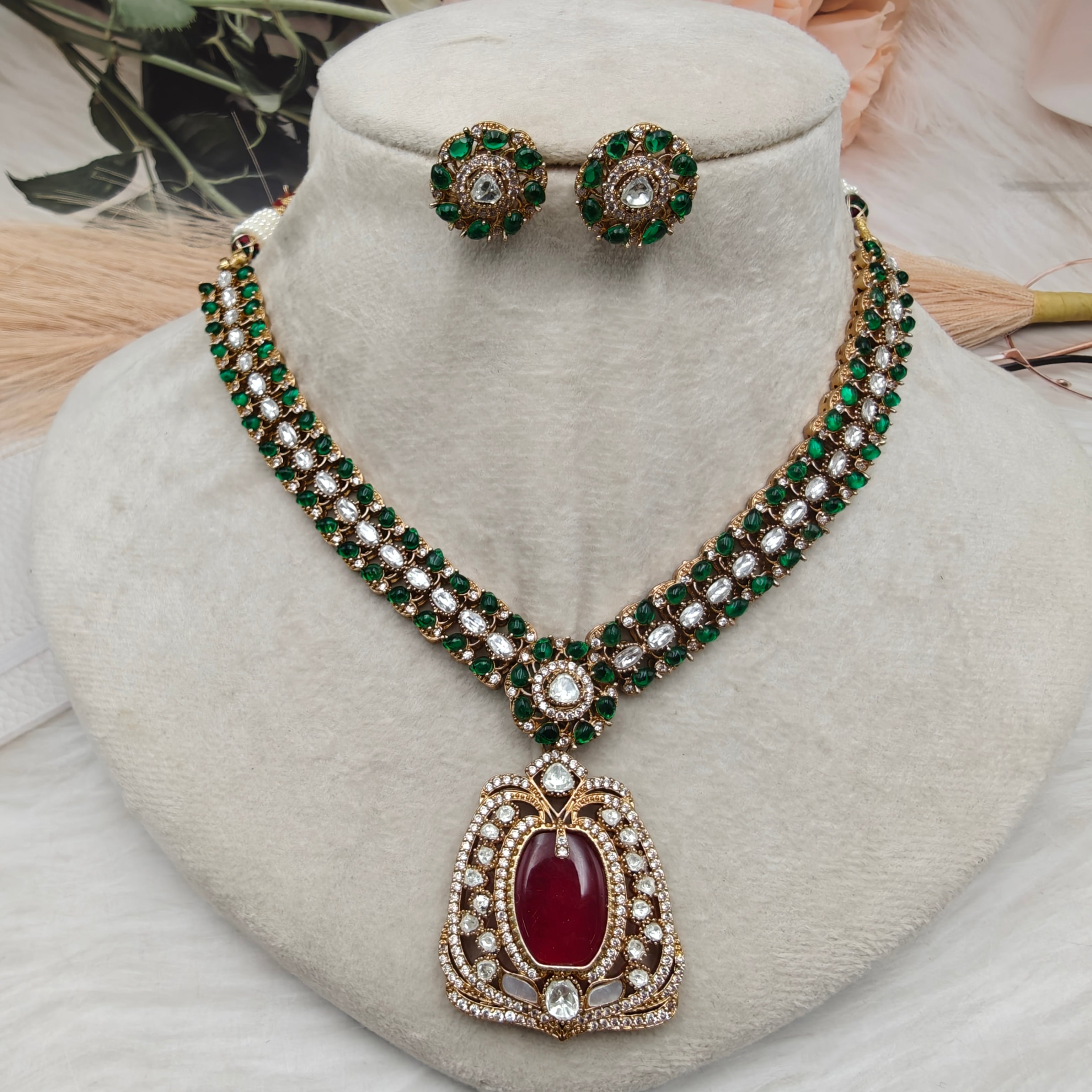 Gulnaz Royale Necklace Set - Green n Red