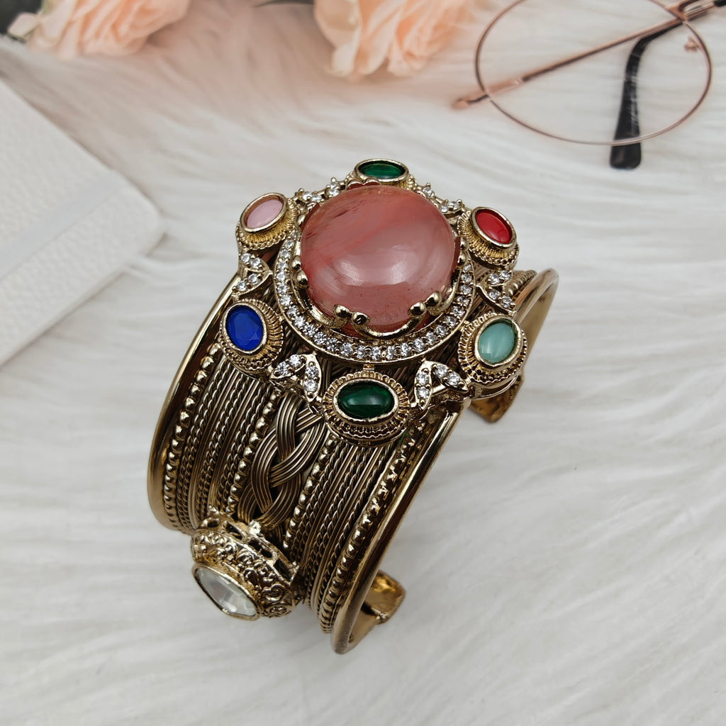 Sabya Inspired Navina Handcrafted Natural Stone Handcuff - Pink Coral