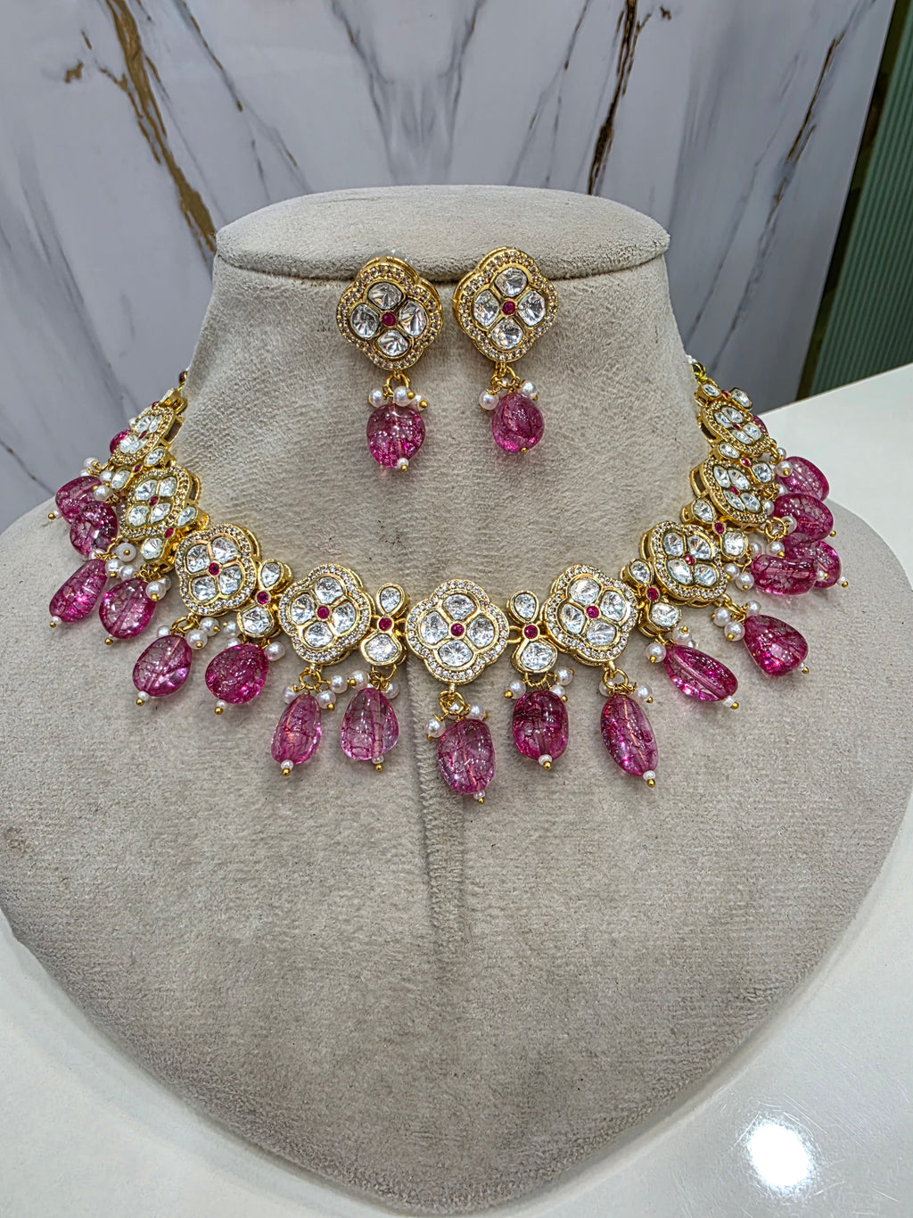 Anvesha Tyani Kundan Necklace Set- Onion Pink