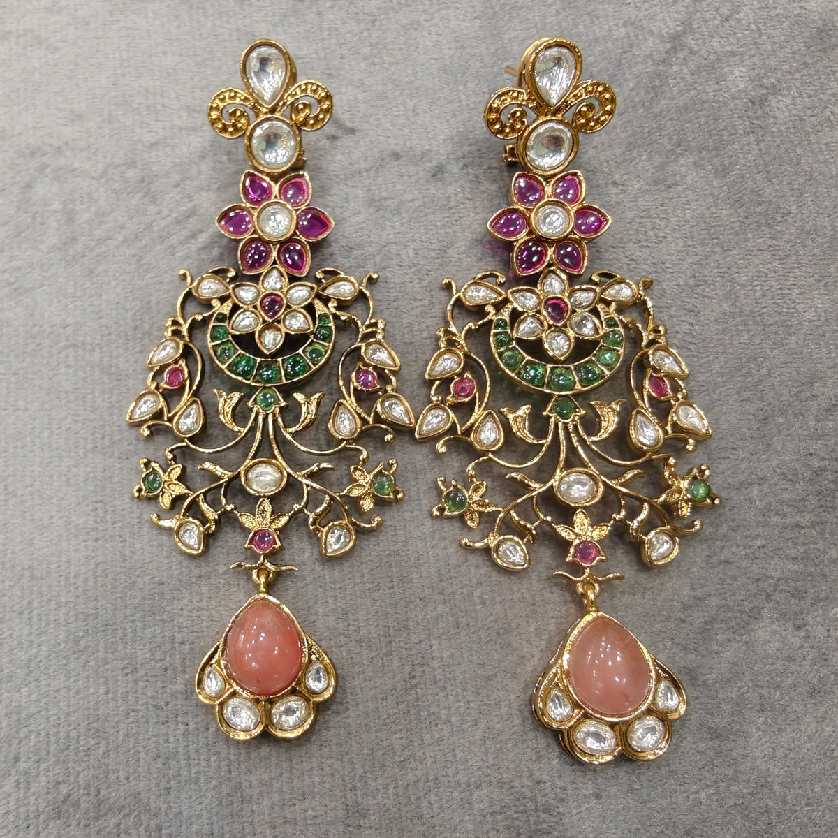 Sajdah Jadau Bikaneri Kundan Earrings - Peach Multi