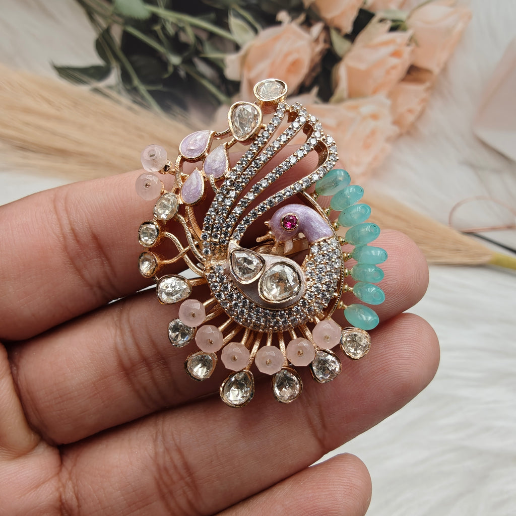 Mayuma Peacock Statement Italian Enamel Moissanite Ring -Mint n Pink