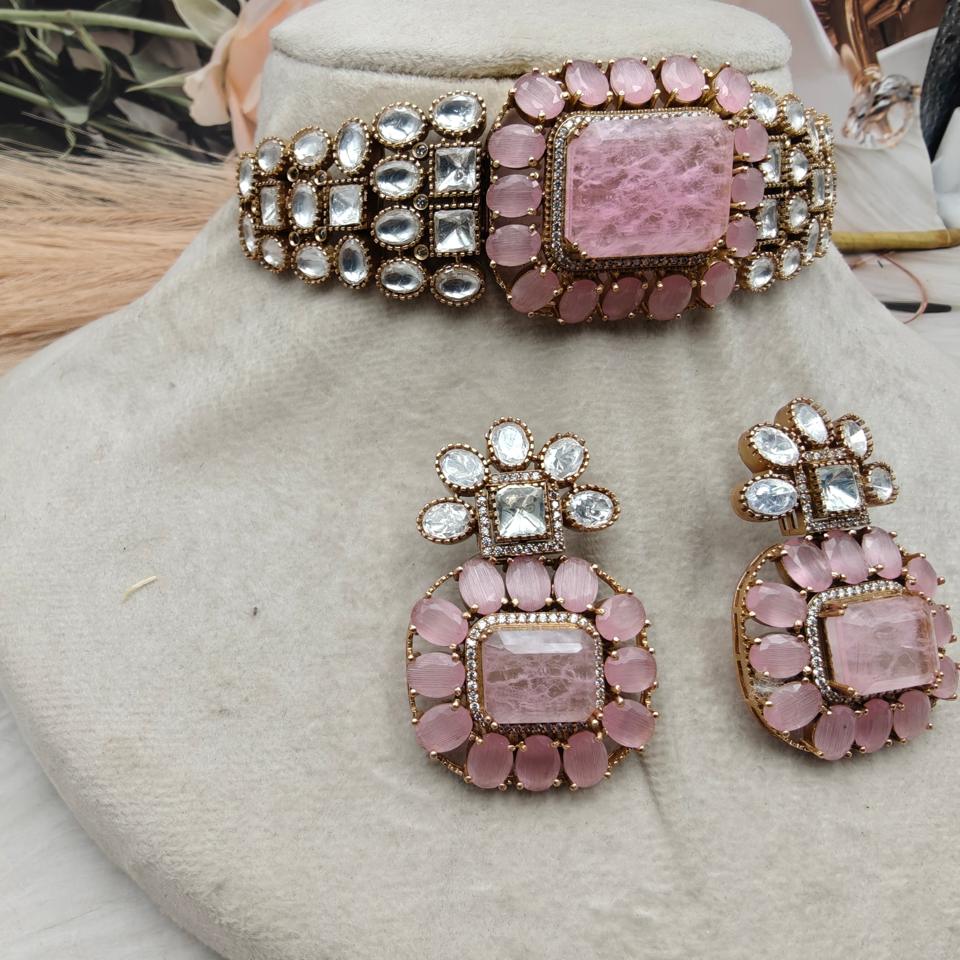 Vaishali Tanzanite Doublet and Moissanite Choker Set- Pink