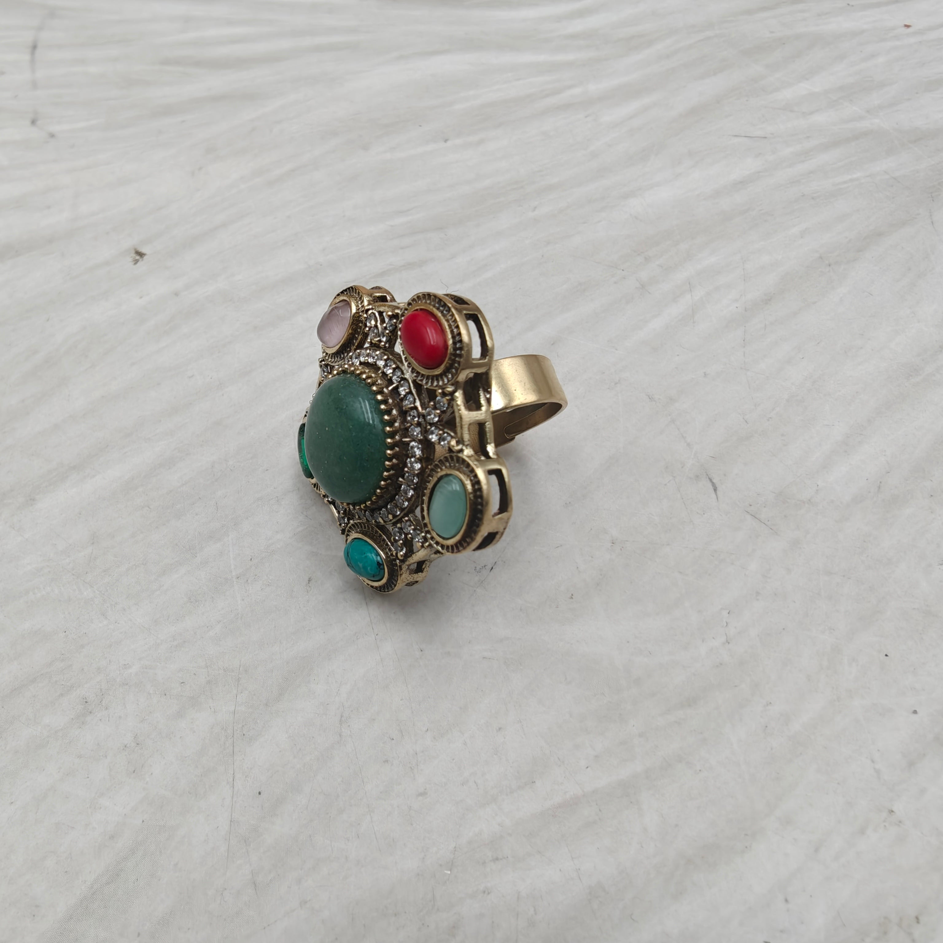 Nazni Inspired Multi Stone Adjustable Ring-Green aventurine Multi