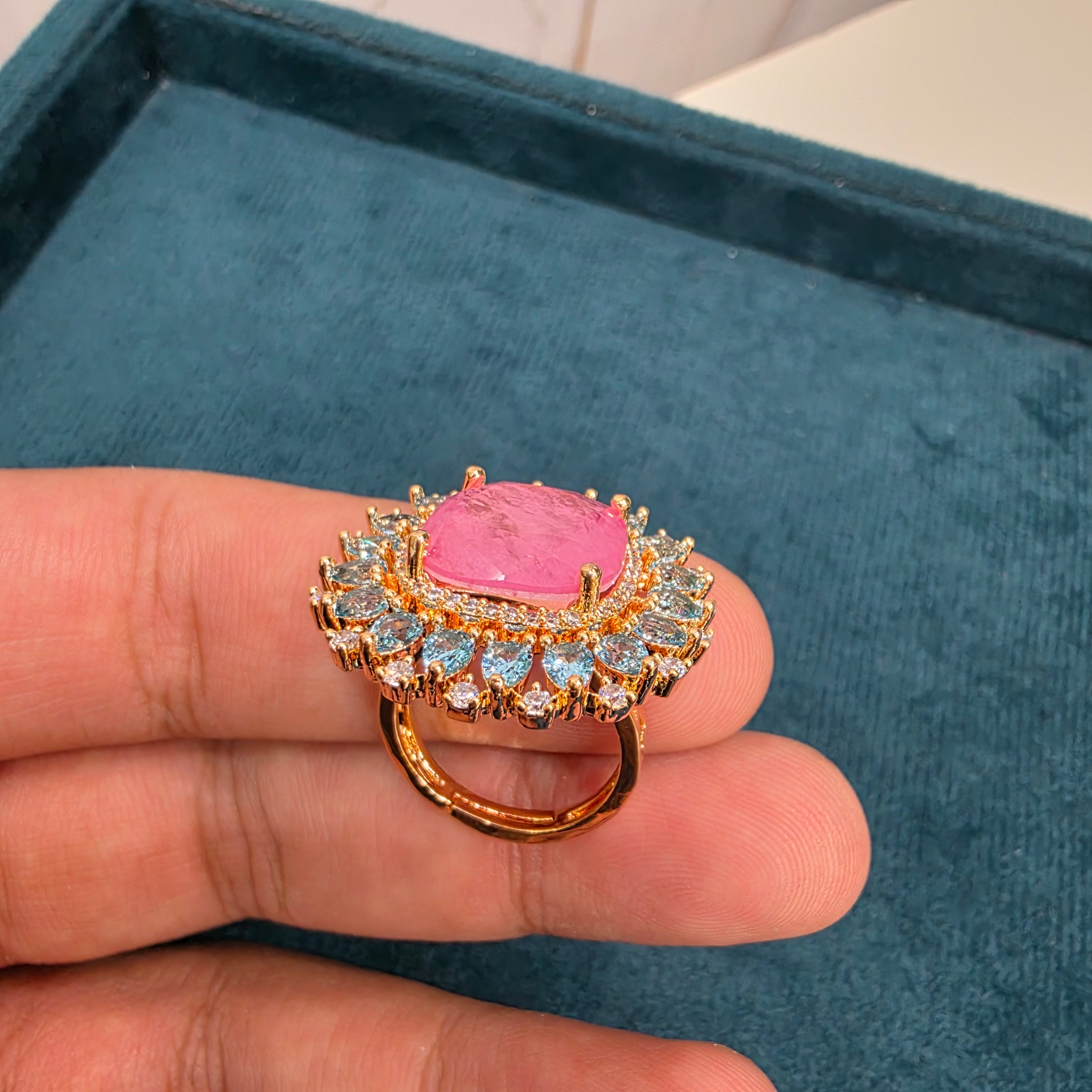 Anam Russian Doublet Statement Carat Plating Ring - Pink and Aqua Blue