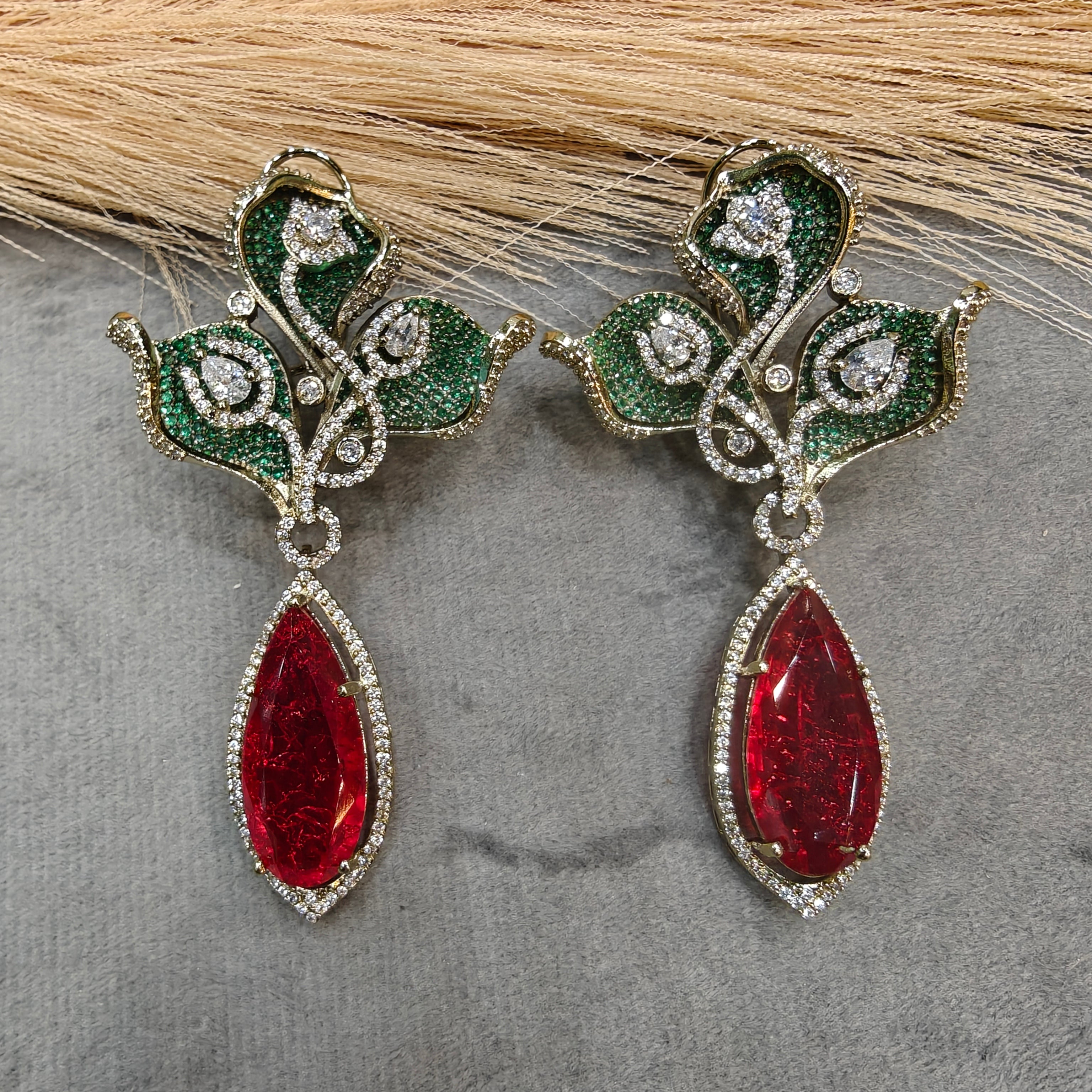 Shalvi Designer Doublet Earrings- Red Green