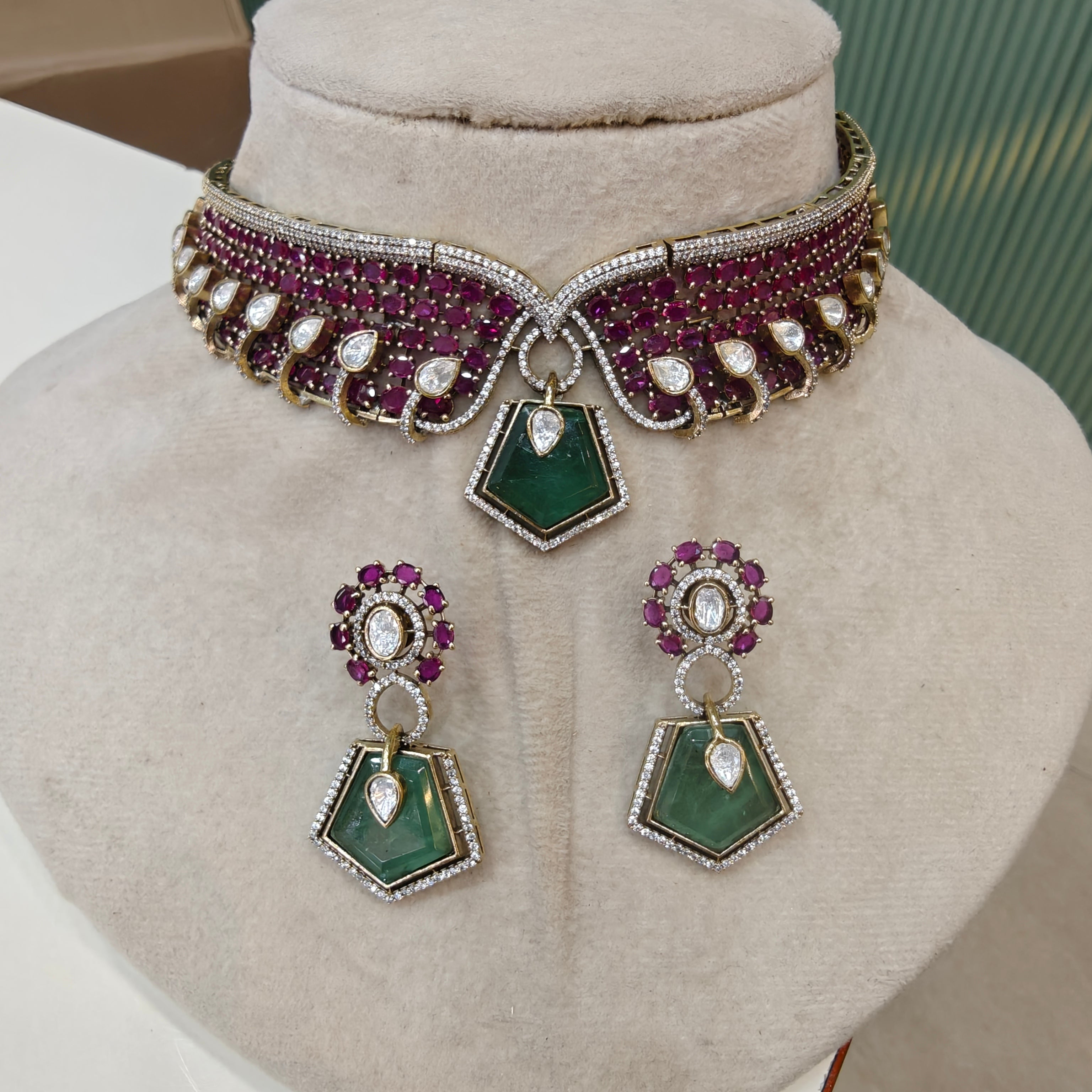 Estella Doublet Collar Necklace Set- Ruby Mint