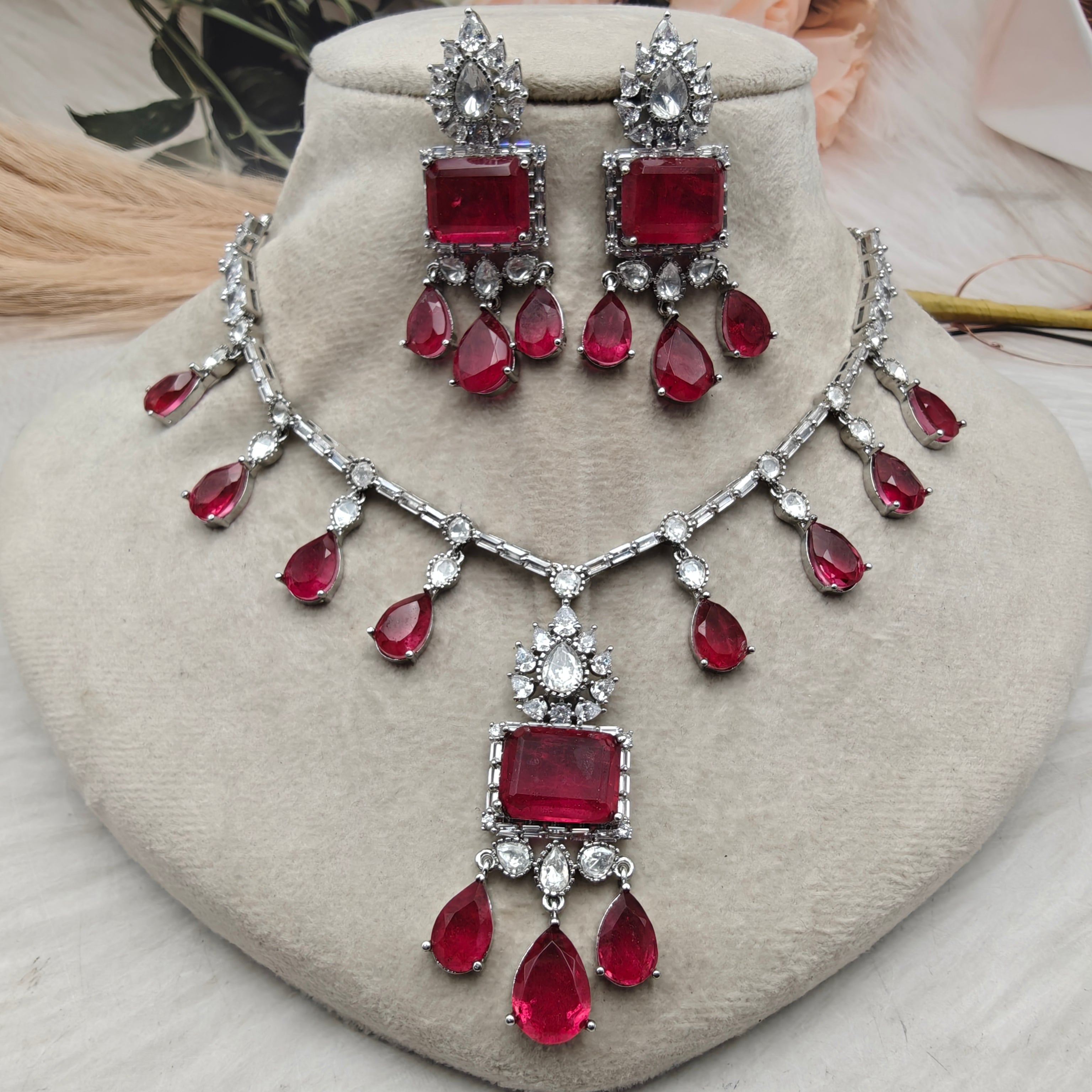 Pristine Doublet and Baguette AD Necklace Set (Silver Finish)- Ruby