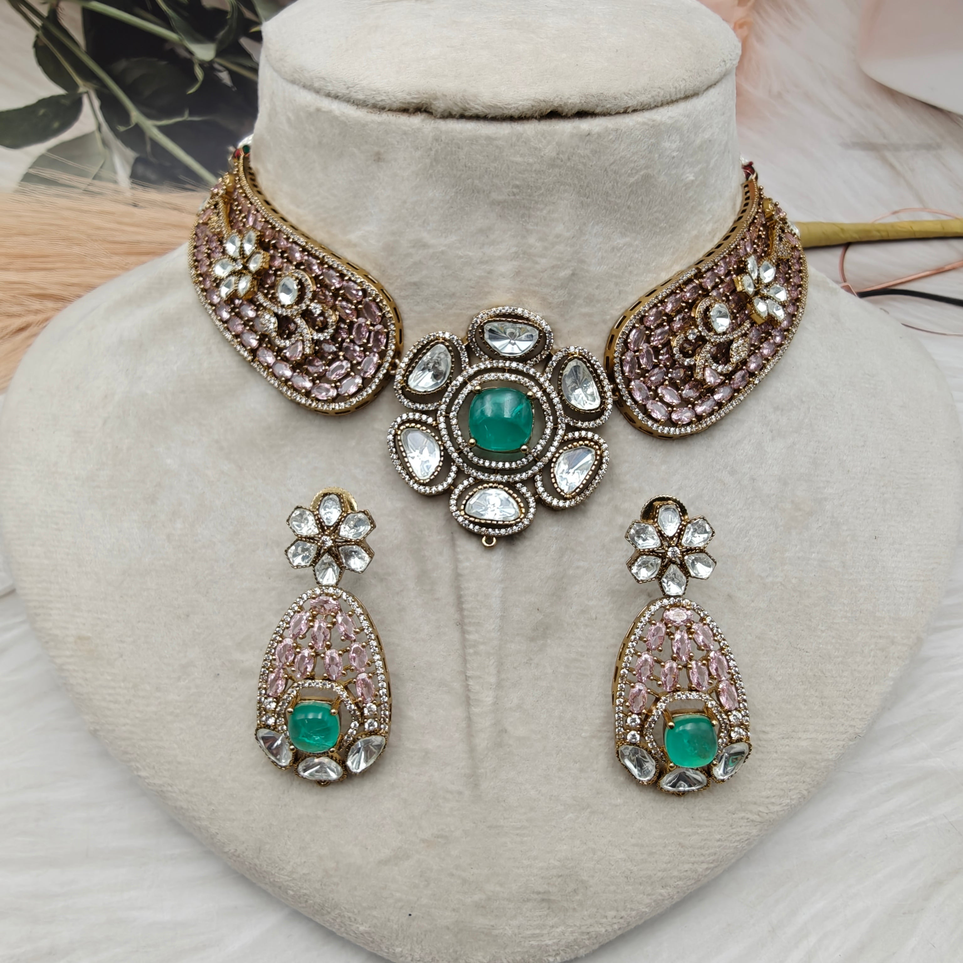 Kajri Moissanite Doublet Designer Hasli Set - Pink n Mint